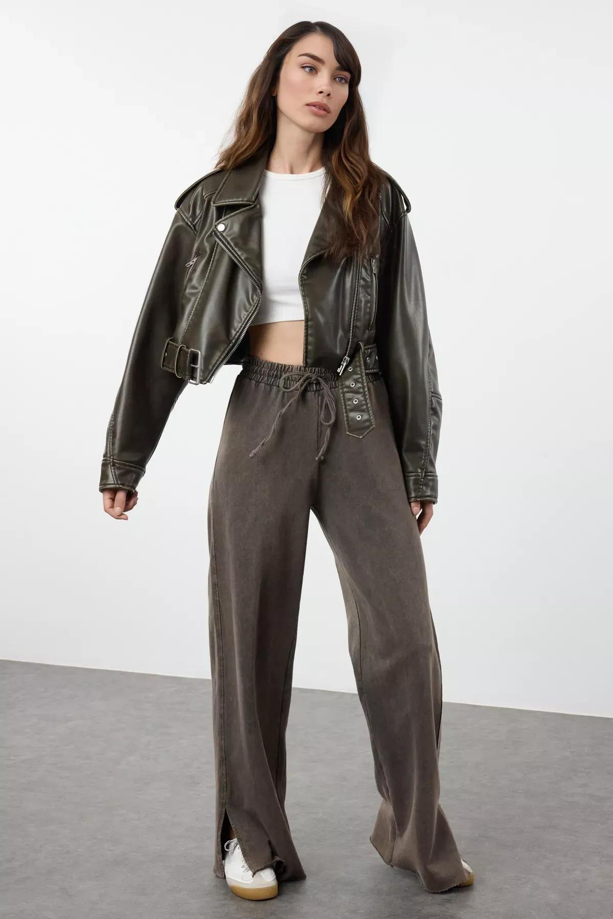 Brown Faded Knit Sweatpants, , large image number 0