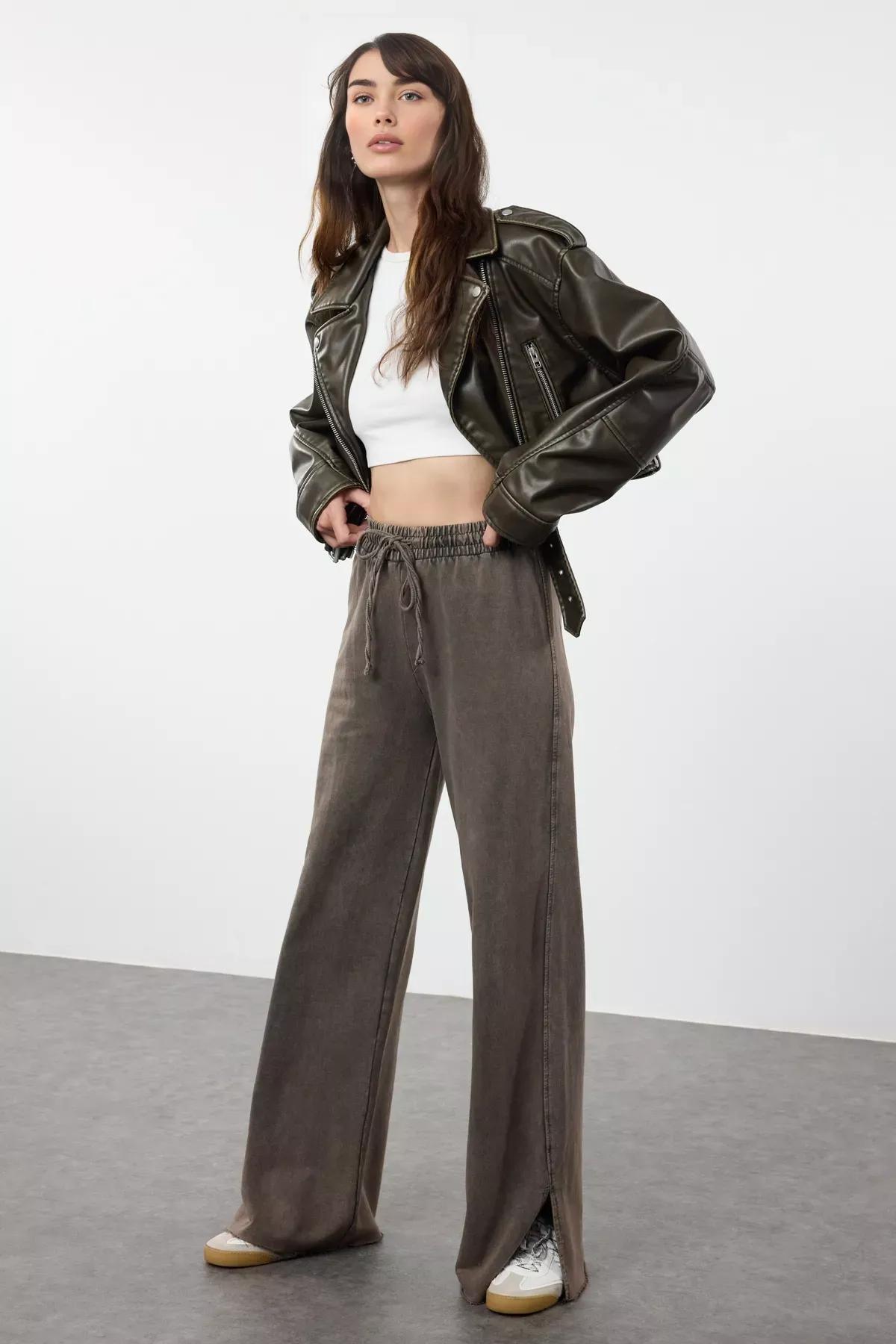 Brown Faded Knit Sweatpants, , large image number 1