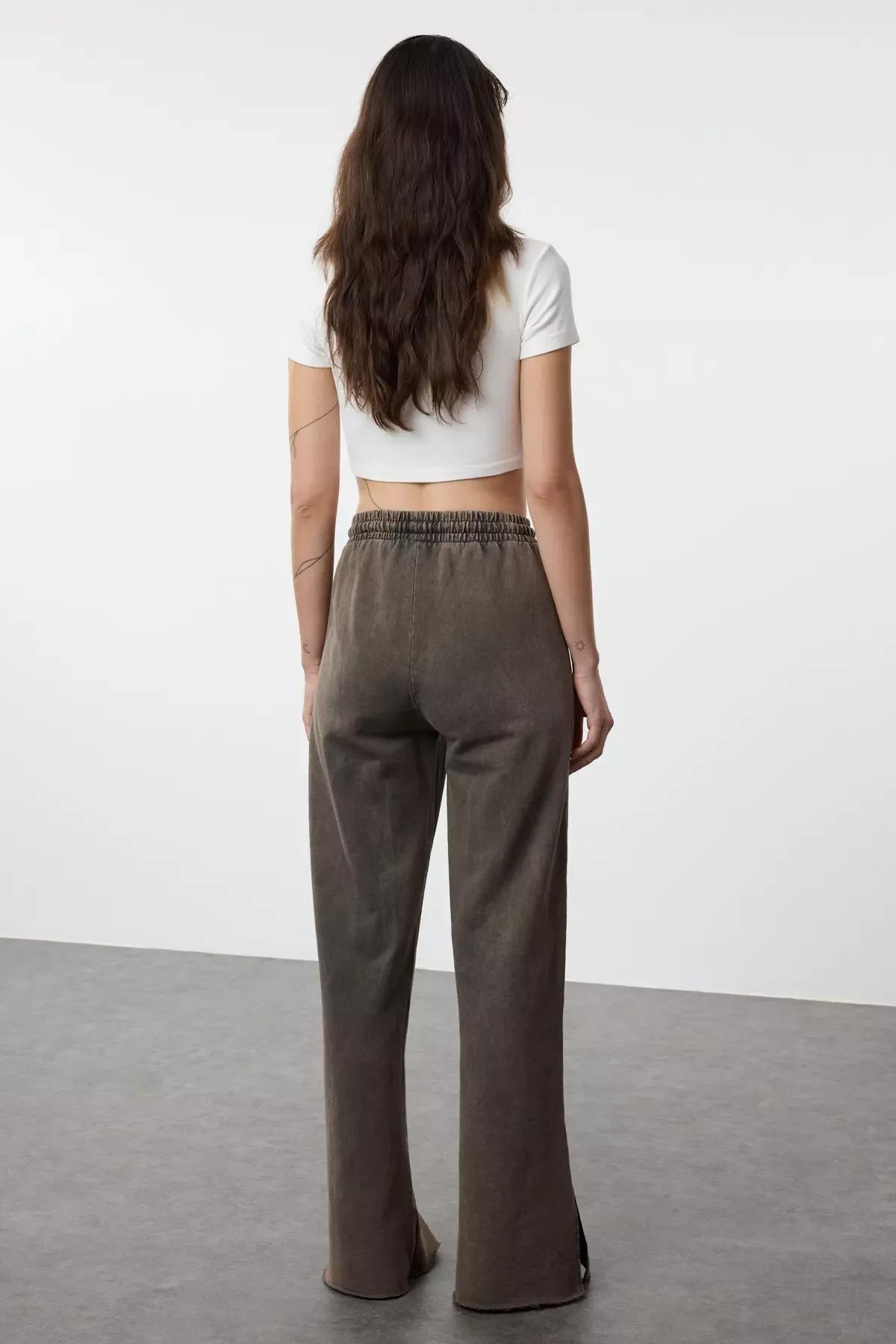 Brown Faded Knit Sweatpants, Dark brown, large image number 4