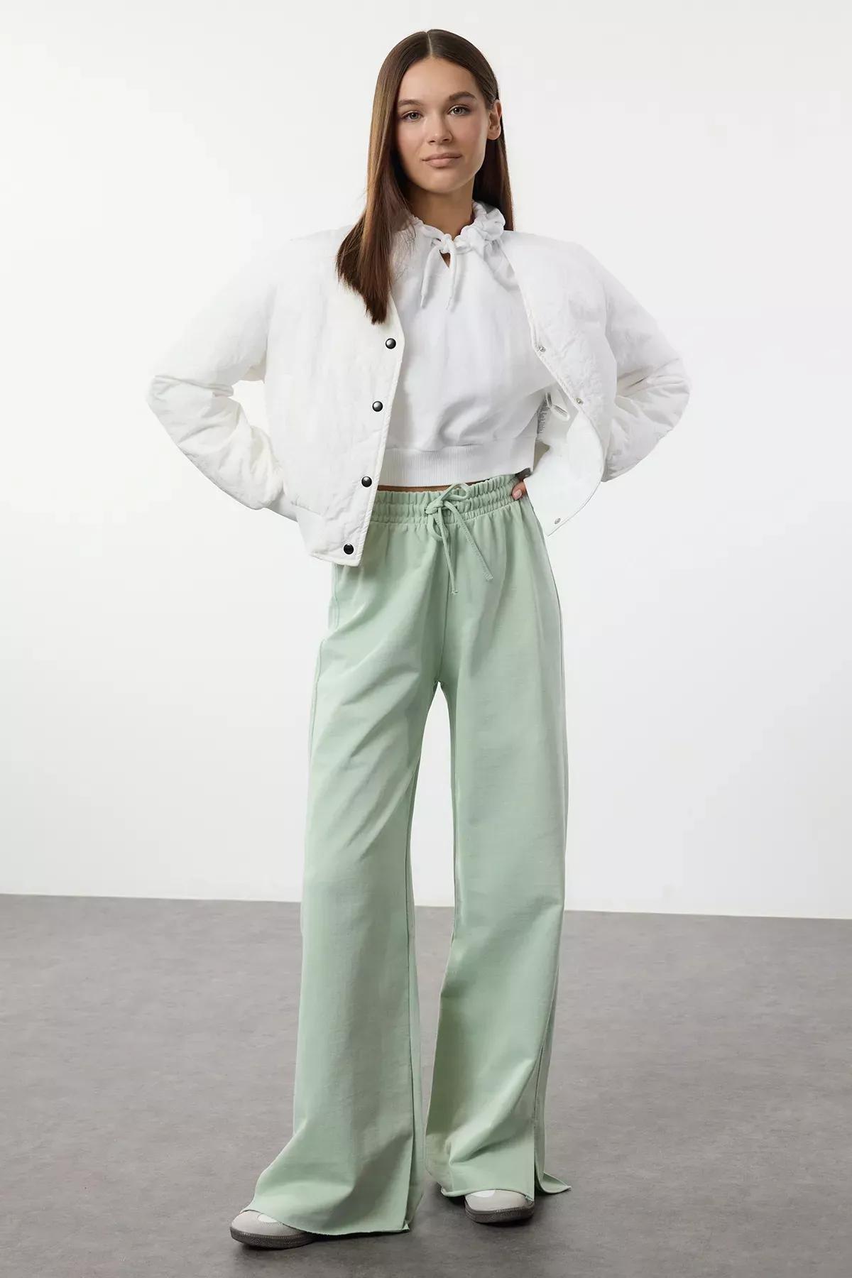 Green Wide Leg Knit Sweatpants, Mint, large image number 0