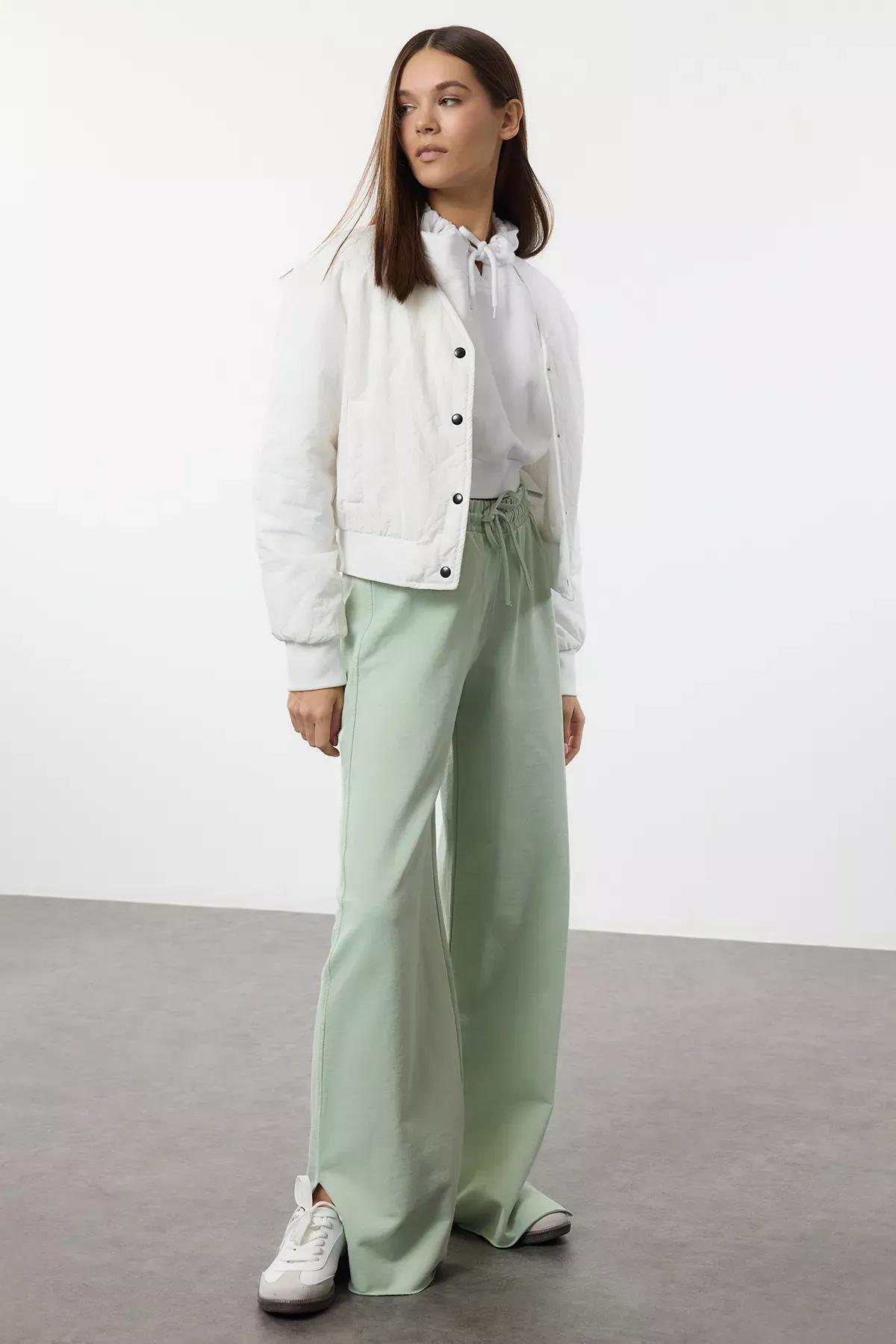 Green Wide Leg Knit Sweatpants, Mint, large image number 1
