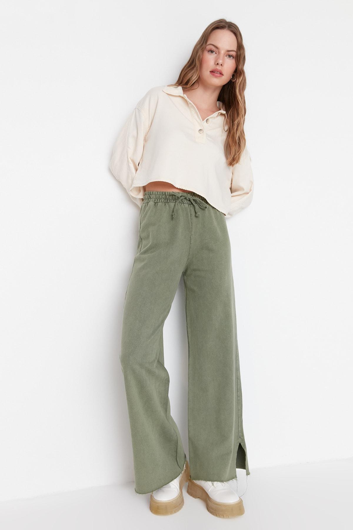 Khaki Wide Leg Sweatpants, Khaki, large image number 1