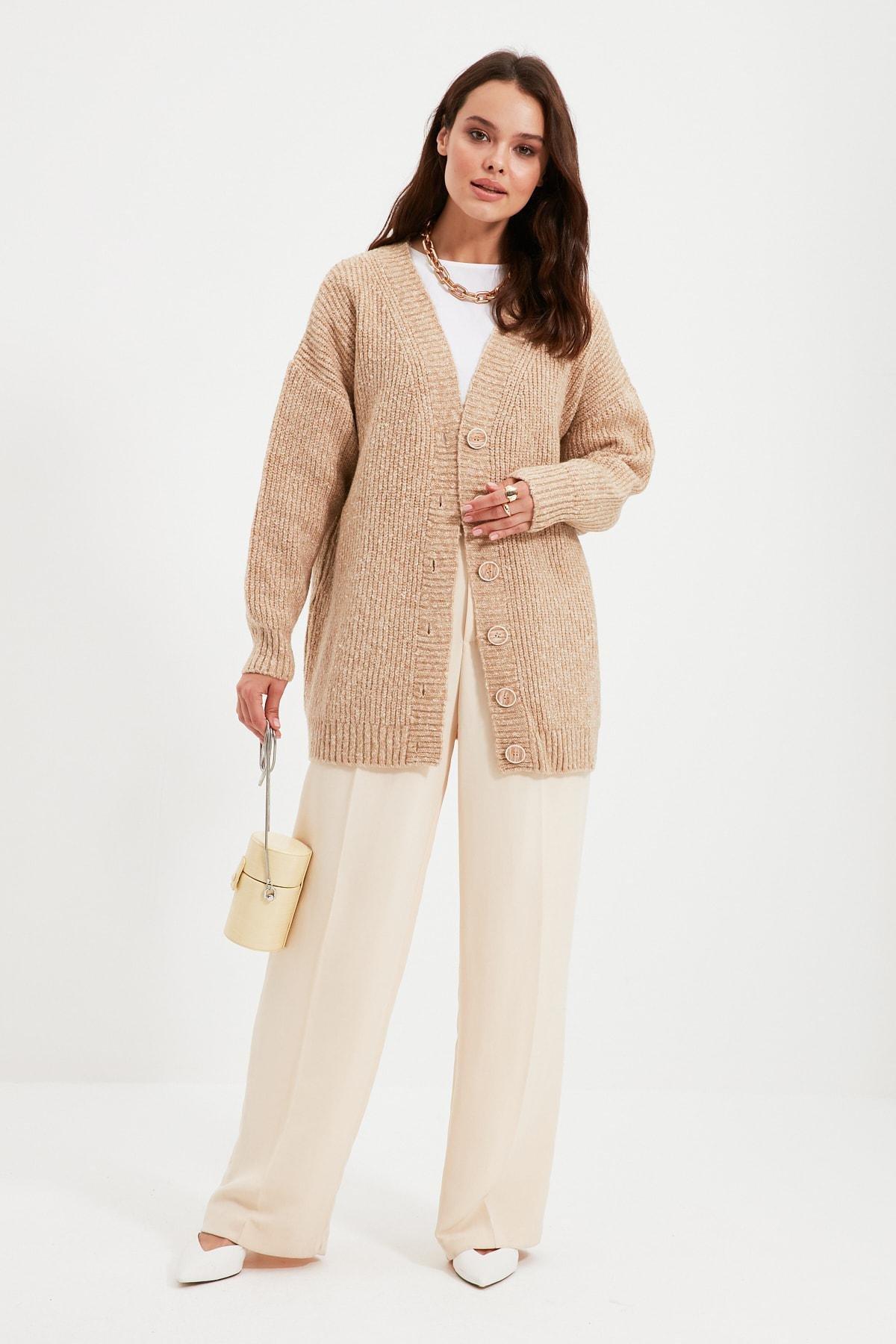 Beige V-Neck Cardigan, , large image number 1
