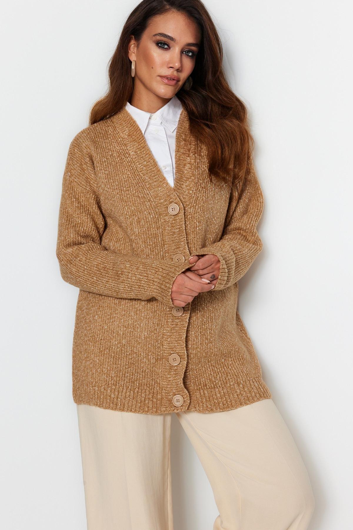 Beige V-Neck Cardigan, , large image number 2