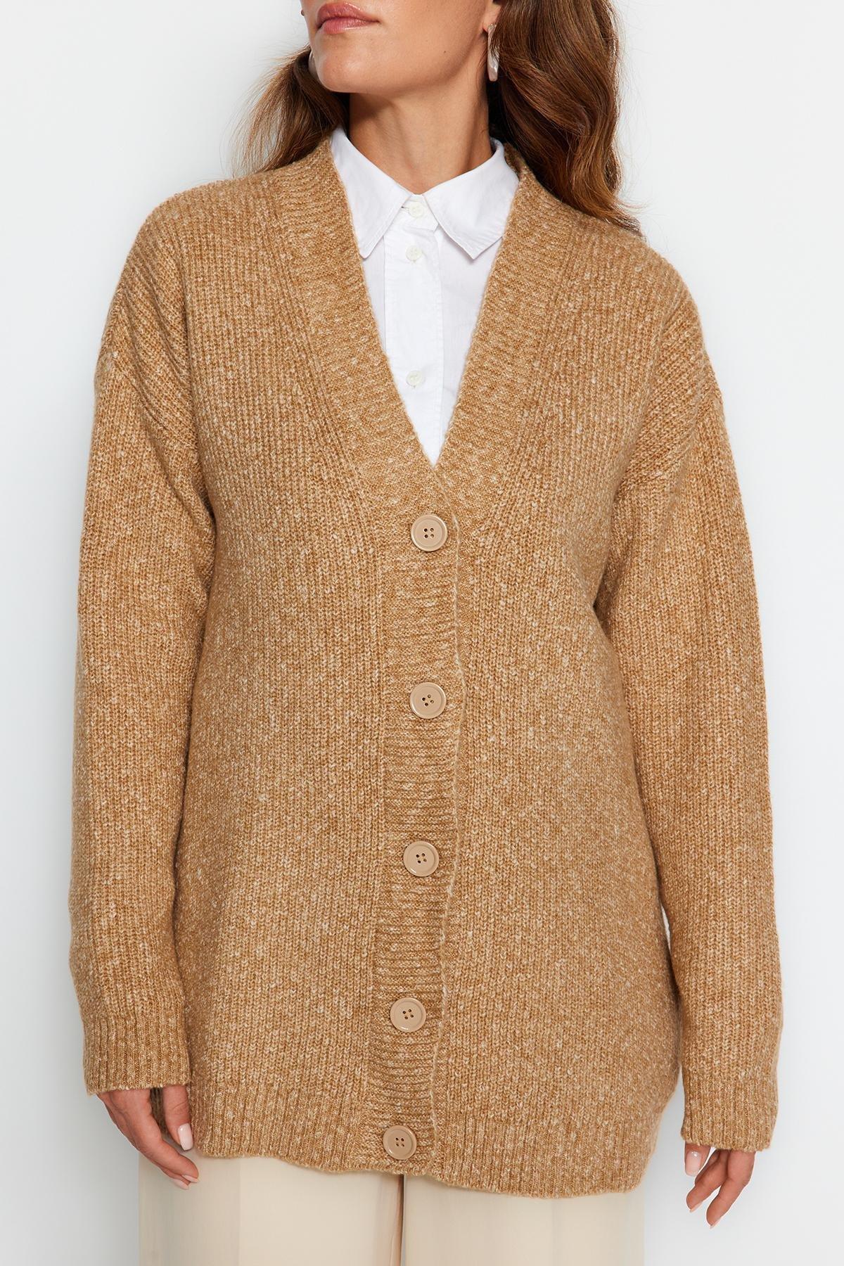 Beige V-Neck Cardigan, , large image number 4