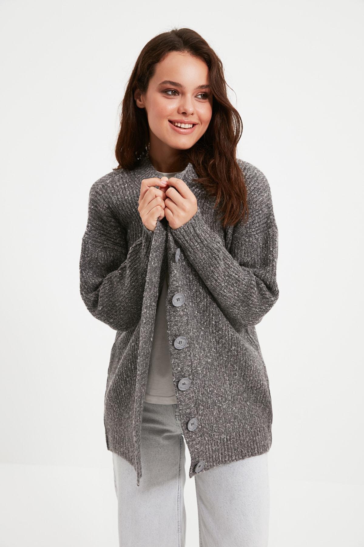 Grey V-Neck Cardigan, Gray, medium