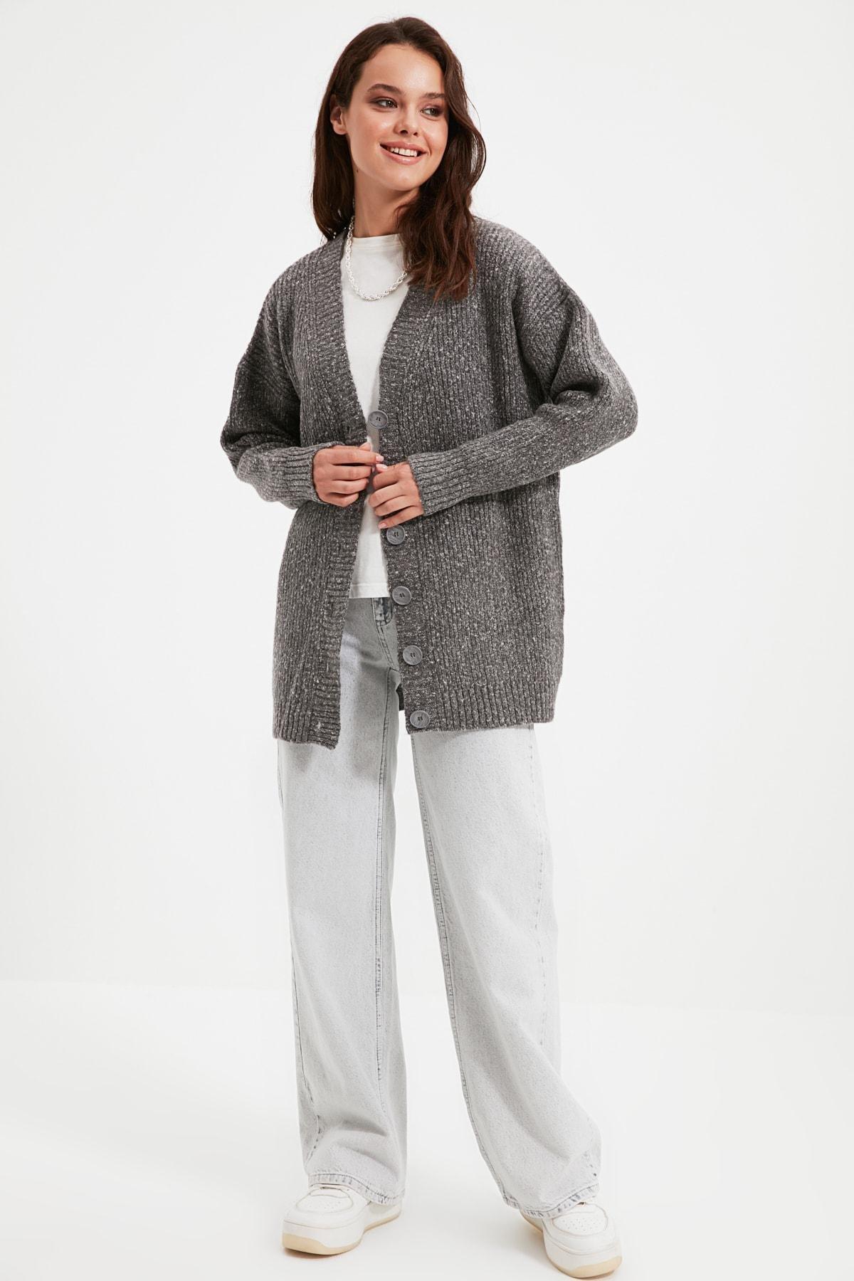 Grey V-Neck Cardigan, Gray, medium