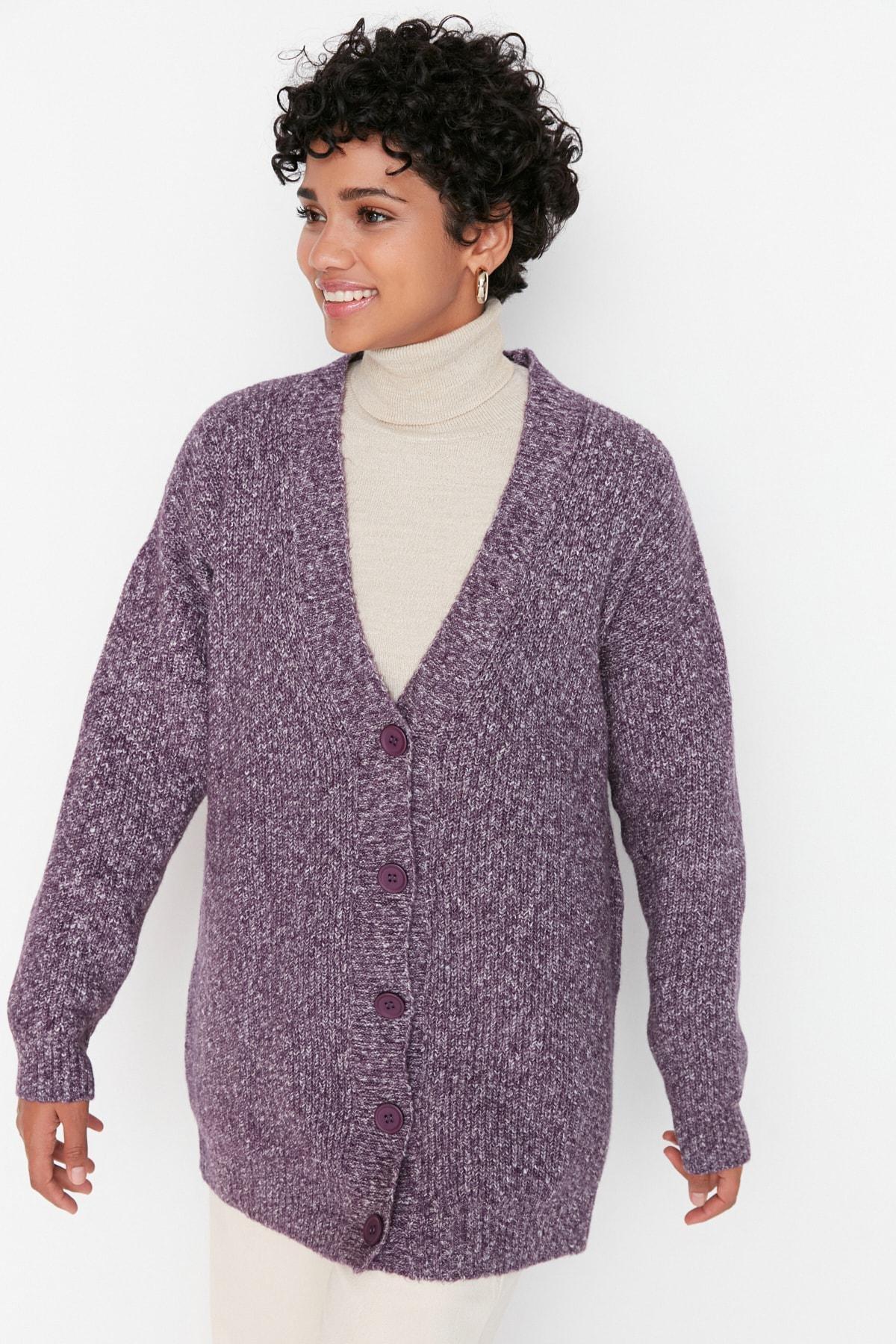 Purple Buttons V-Neck Knitwear Cardigan, , large image number 0