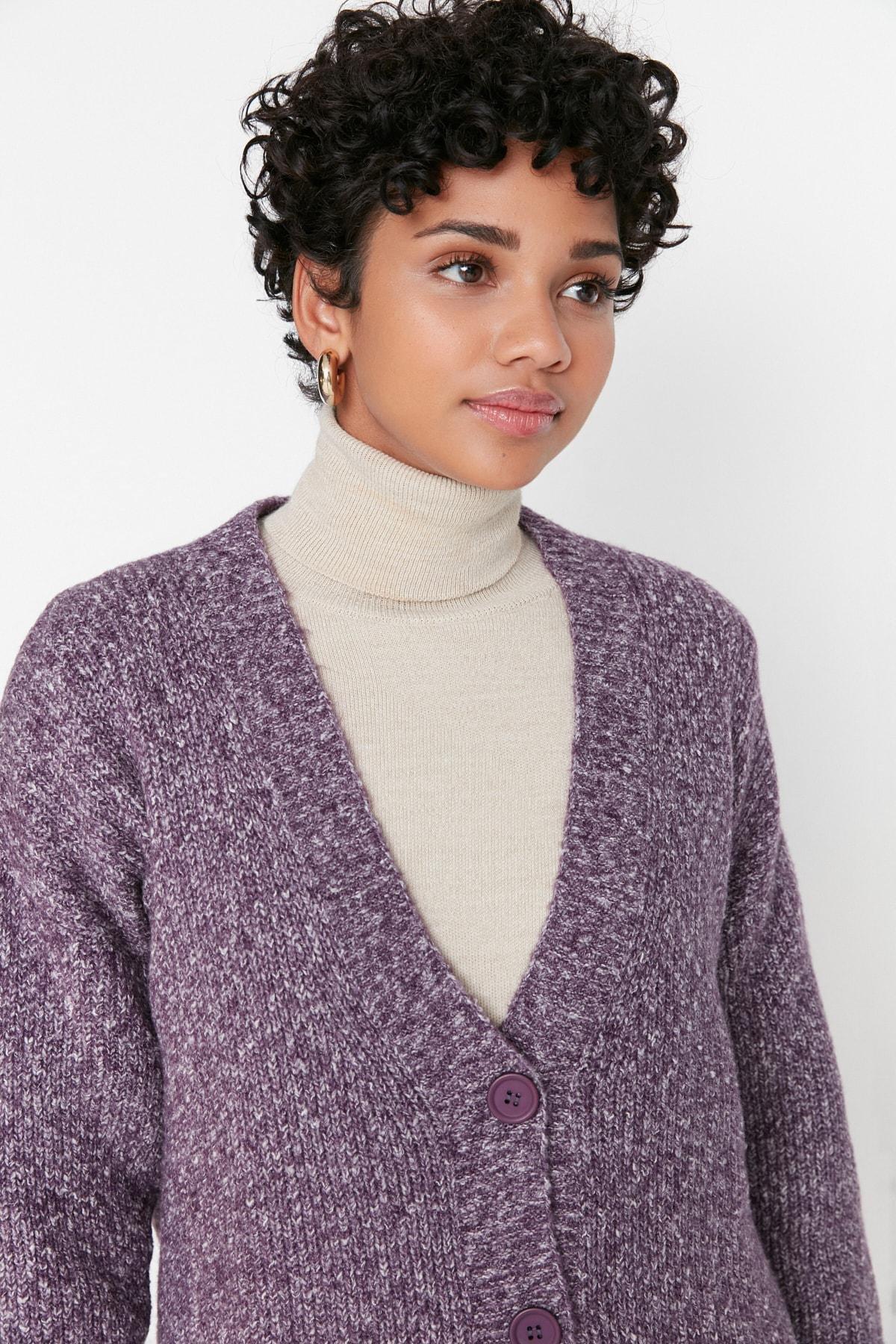 Purple Buttons V-Neck Knitwear Cardigan, , large image number 1