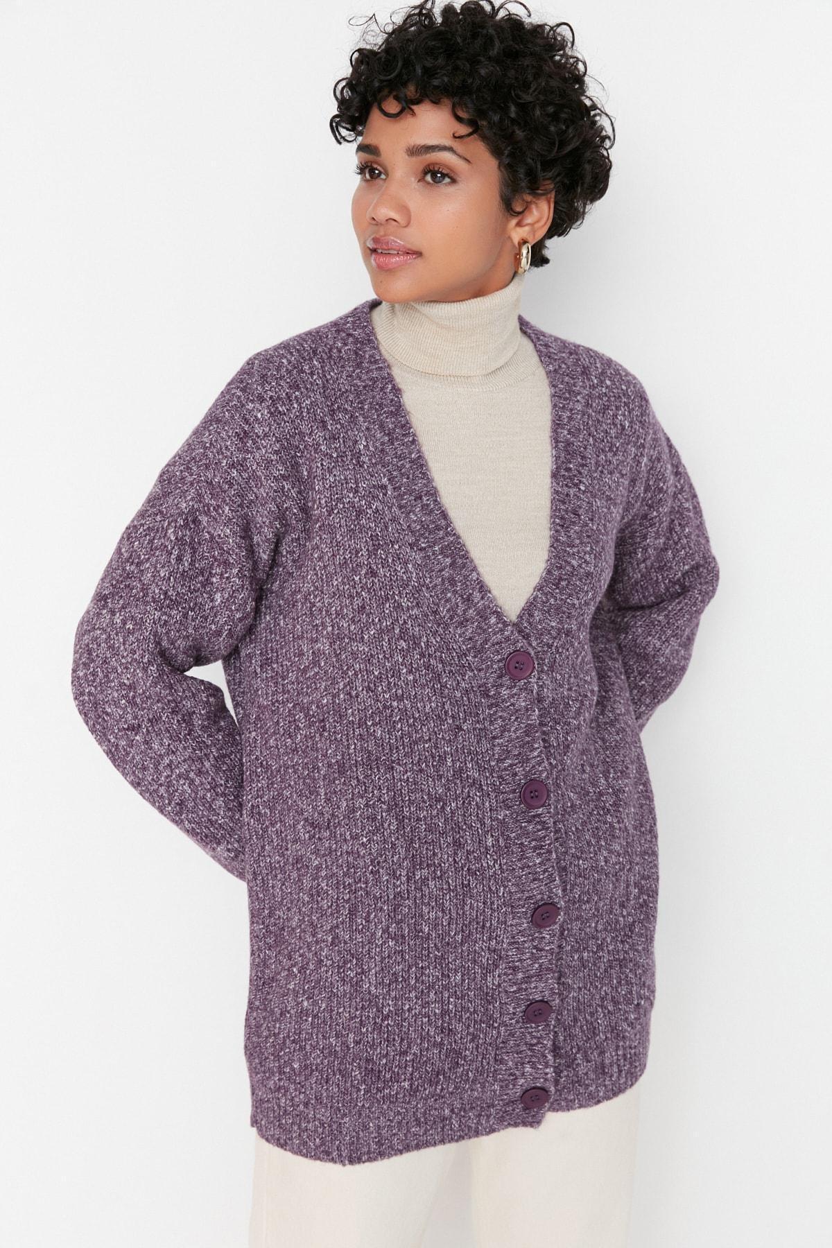 Purple Buttons V-Neck Knitwear Cardigan, , large image number 2