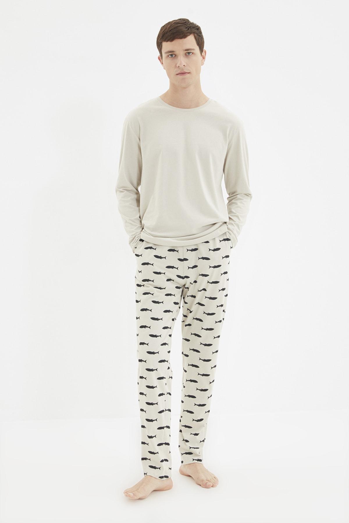 Beige Animal Print Mid Waist Pyjama Set, , large image number 0
