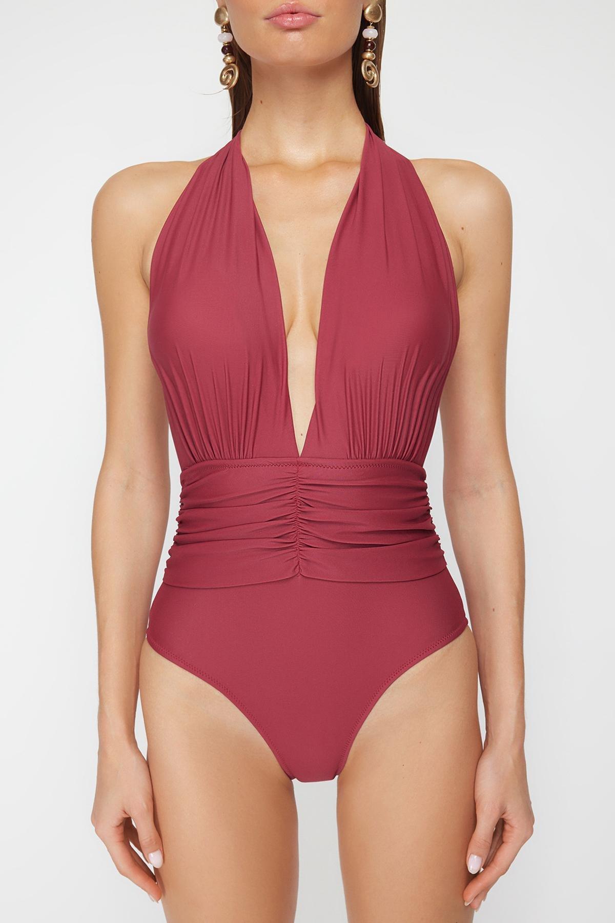 Burgundy Low Cut Gathered Swimsuit, , large image number 2