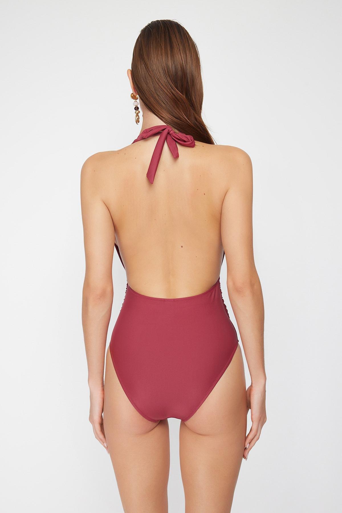 Burgundy Low Cut Gathered Swimsuit, , large image number 4