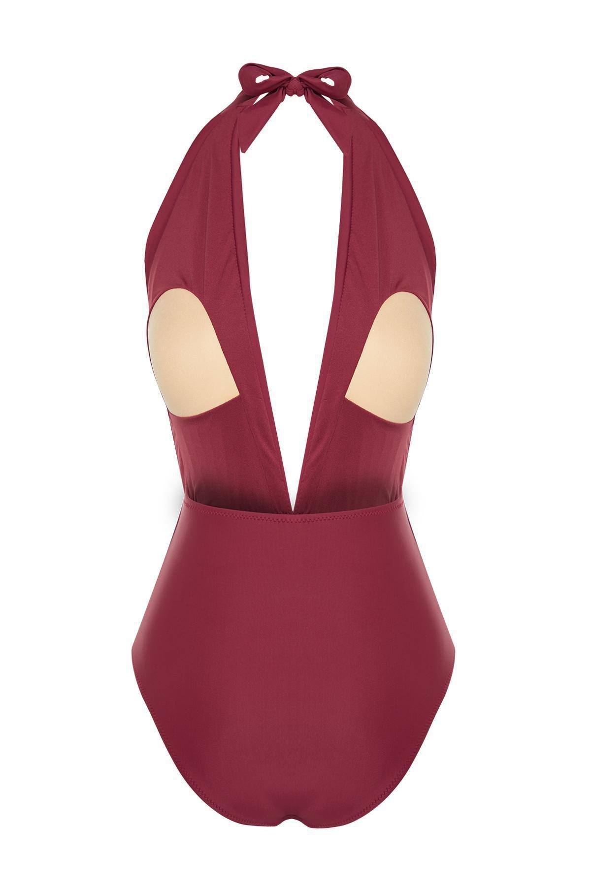 Burgundy Low Cut Gathered Swimsuit, , large image number 6