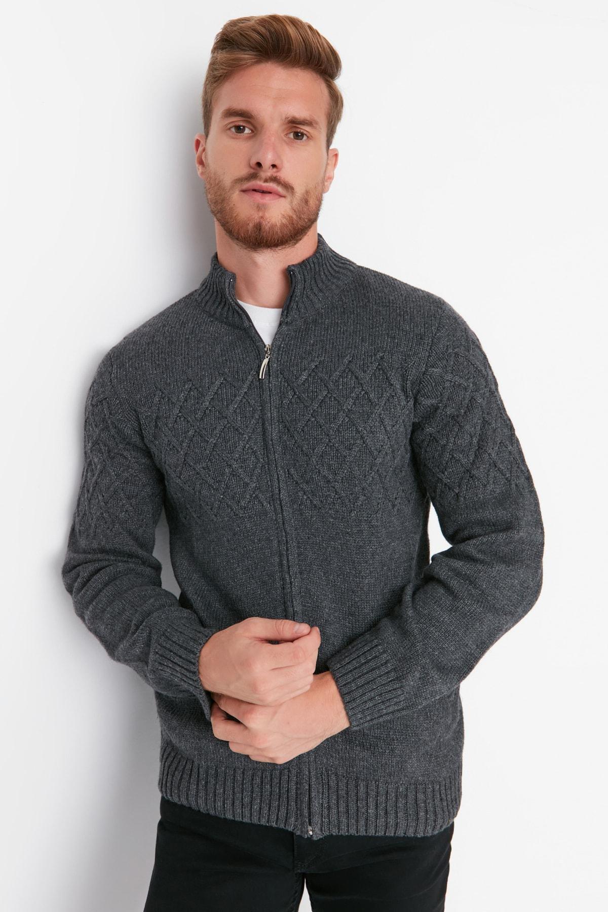 Grey Diamond Pattern High Neck Cardigan, , large image number 0