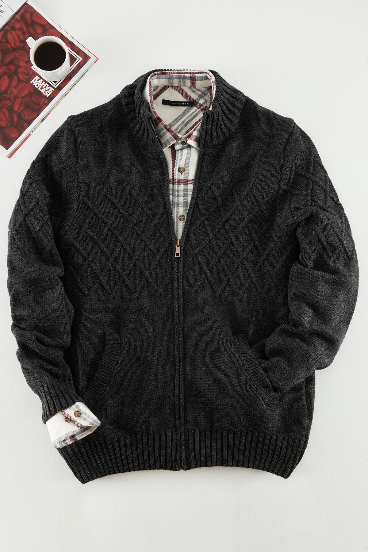 Grey Diamond Pattern High Neck Cardigan, , large image number 1