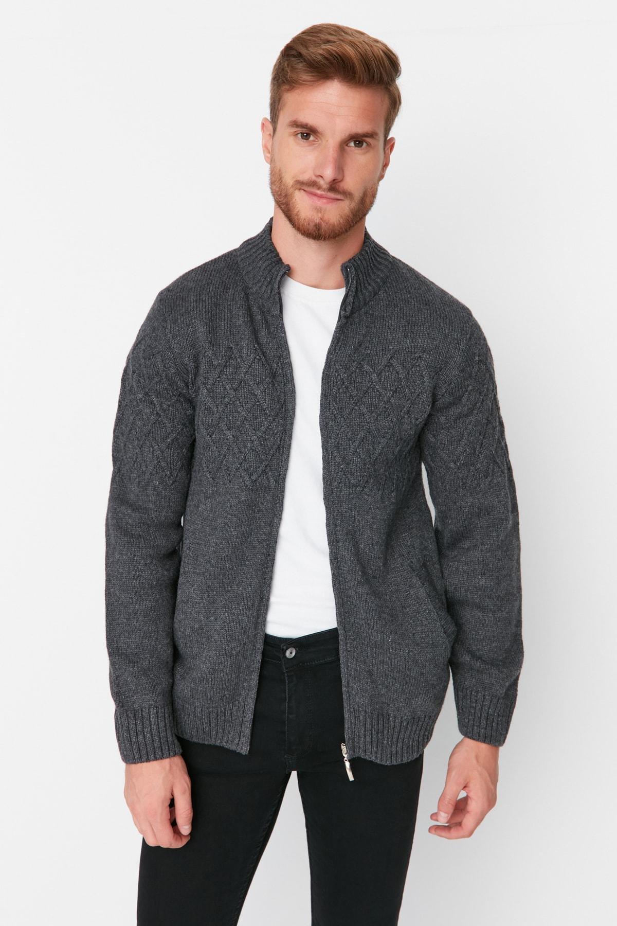 Grey Diamond Pattern High Neck Cardigan, , large image number 2