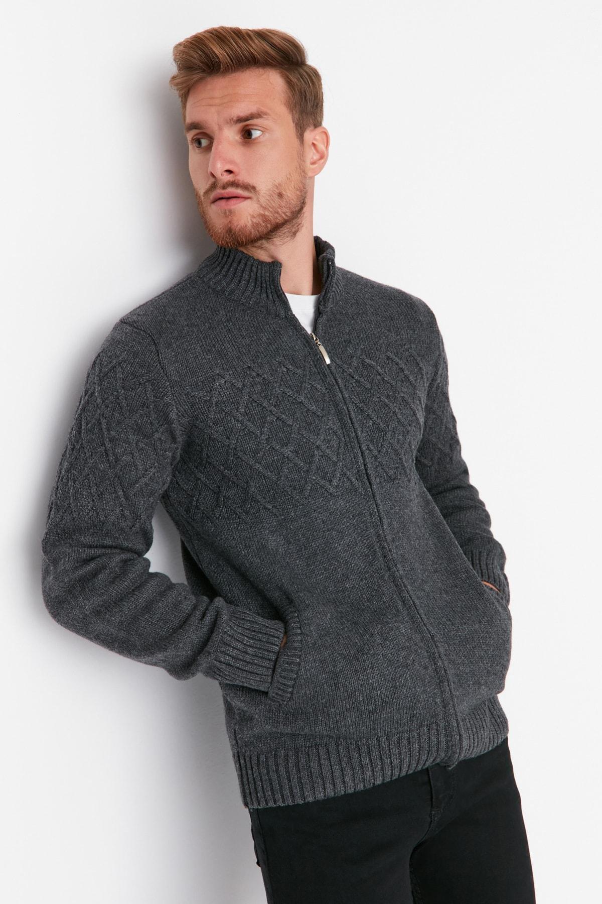 Grey Diamond Pattern High Neck Cardigan, , large image number 3
