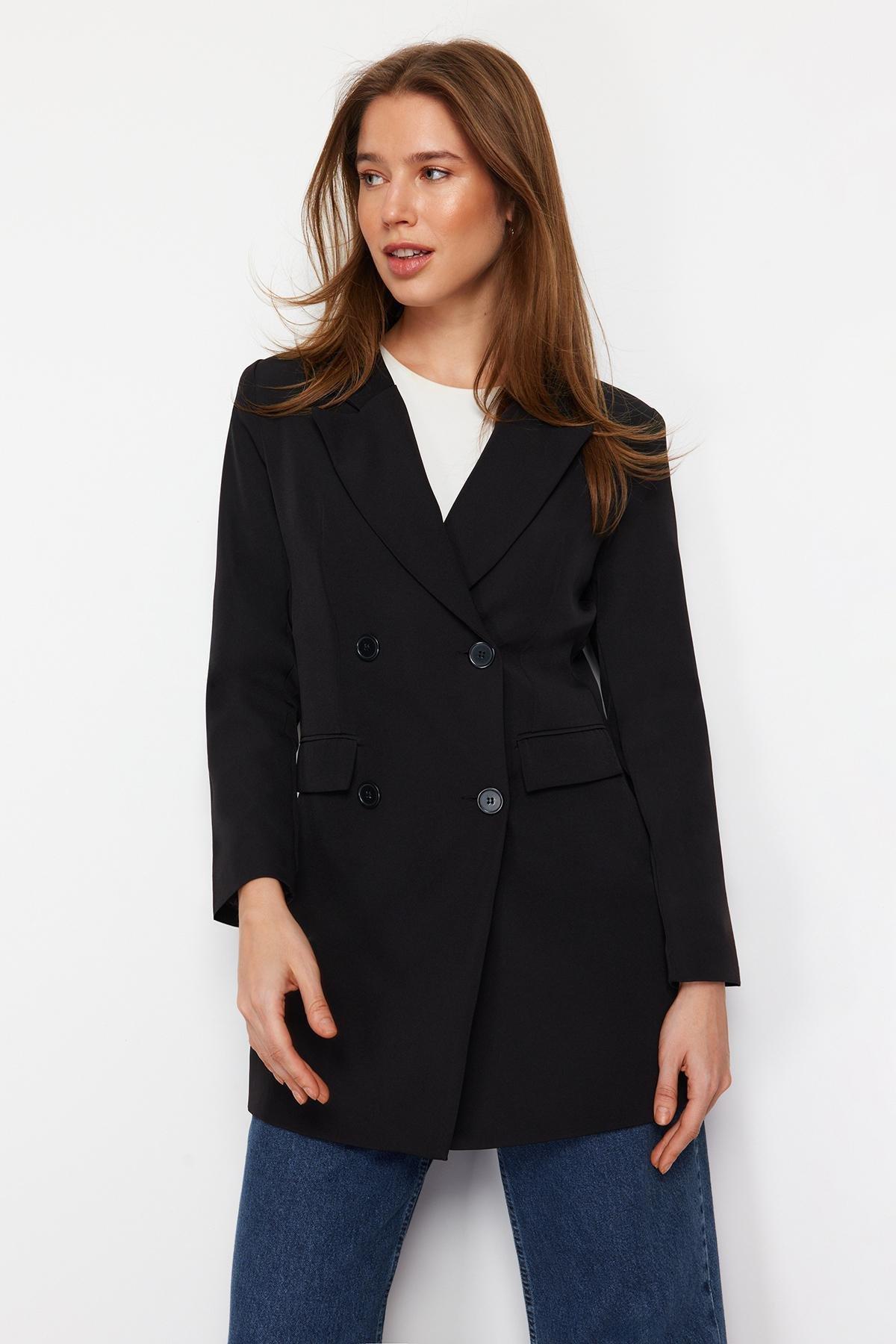 Black Lapel Collar Jacket, Black, large image number 0