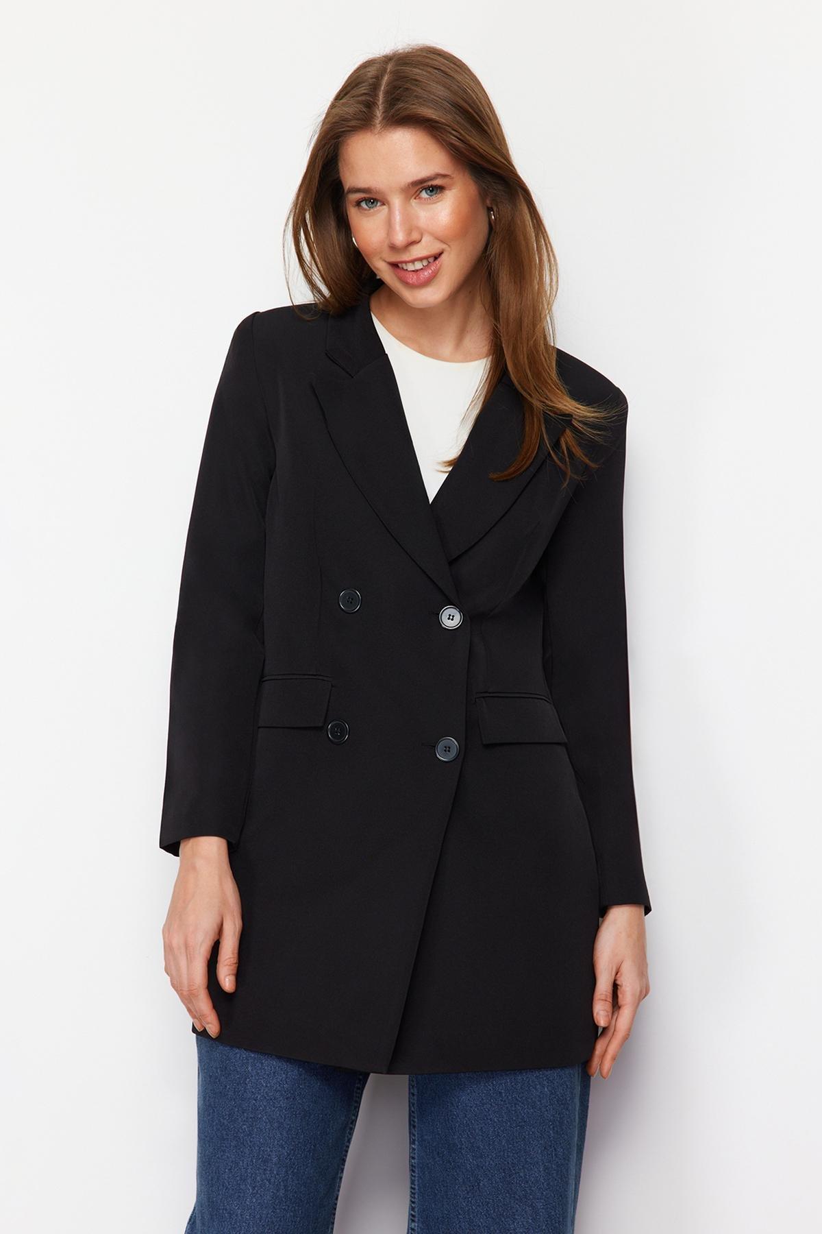 Black Lapel Collar Jacket, Black, large image number 1