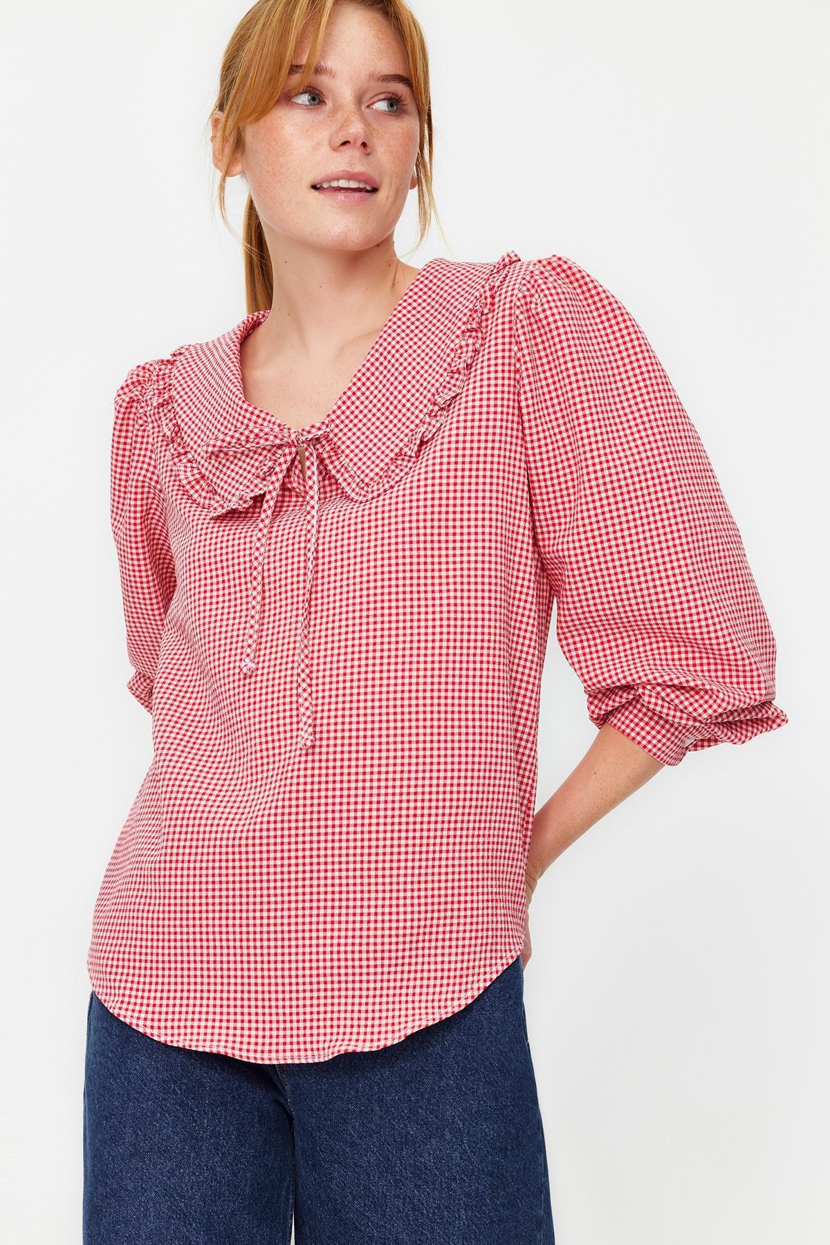 Red Collared Detailed Woven Checkered Top, , large image number 0