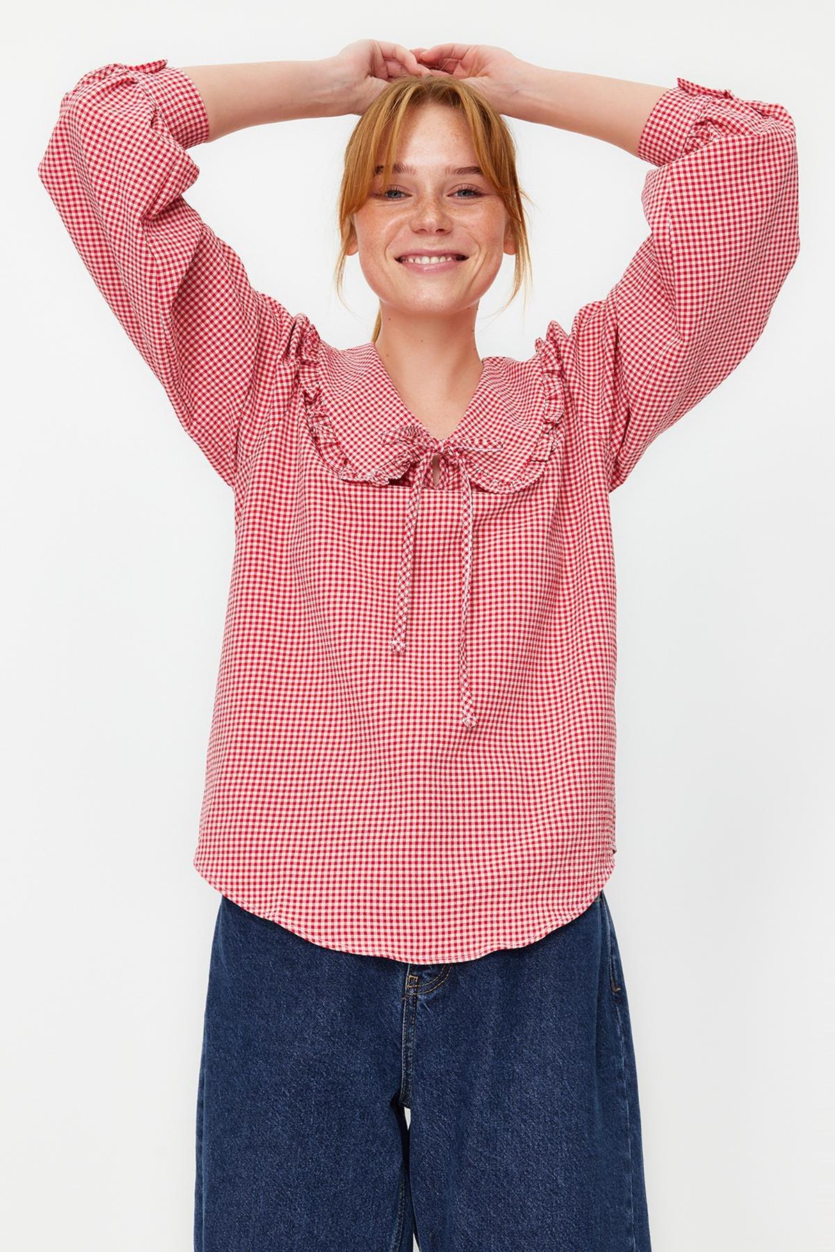 Red Collared Detailed Woven Checkered Top, , large image number 1