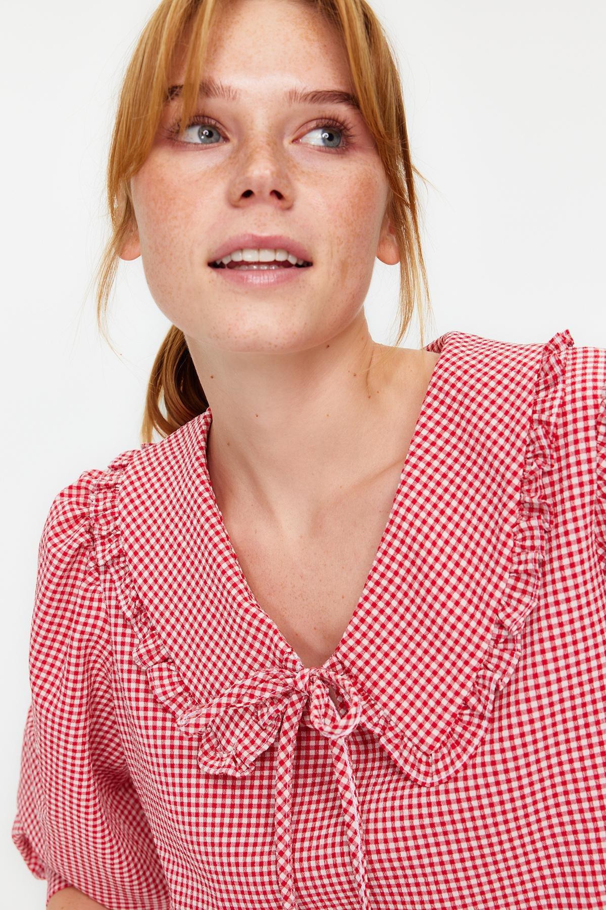 Red Collared Detailed Woven Checkered Top, , large image number 2