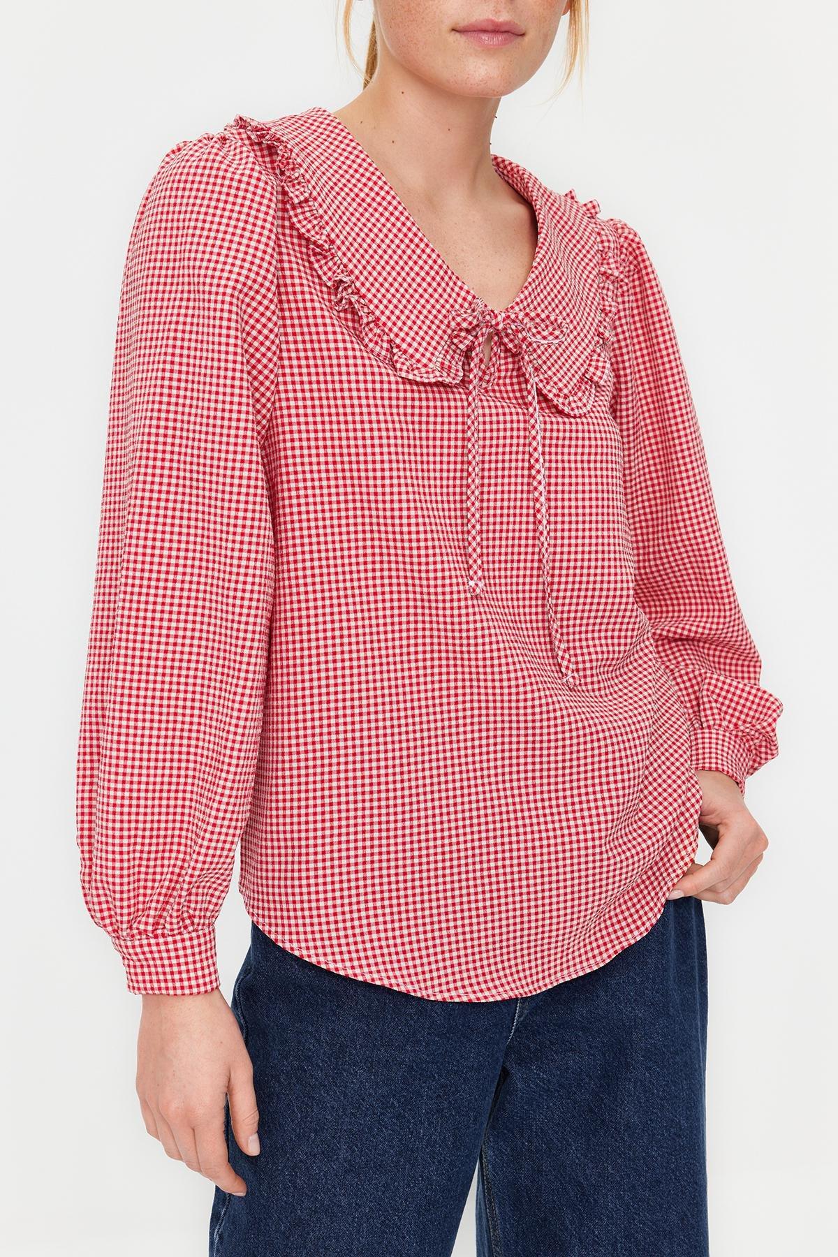 Red Collared Detailed Woven Checkered Top, , large image number 3