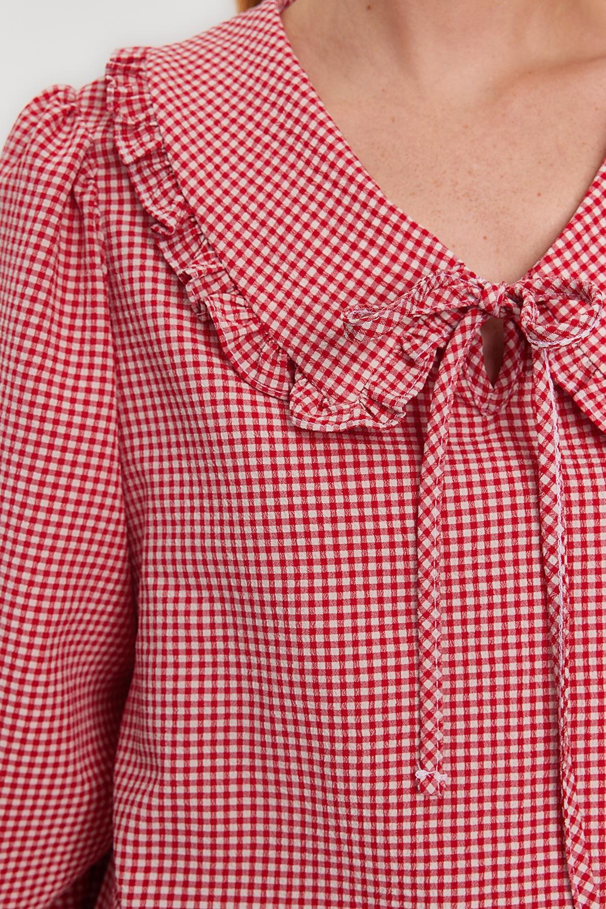 Red Collared Detailed Woven Checkered Top, , large image number 4