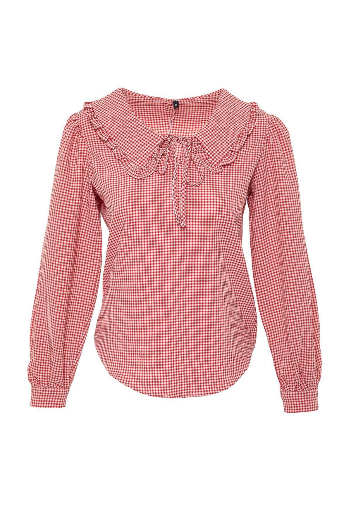 Red Collared Detailed Woven Checkered Top, , large image number 5