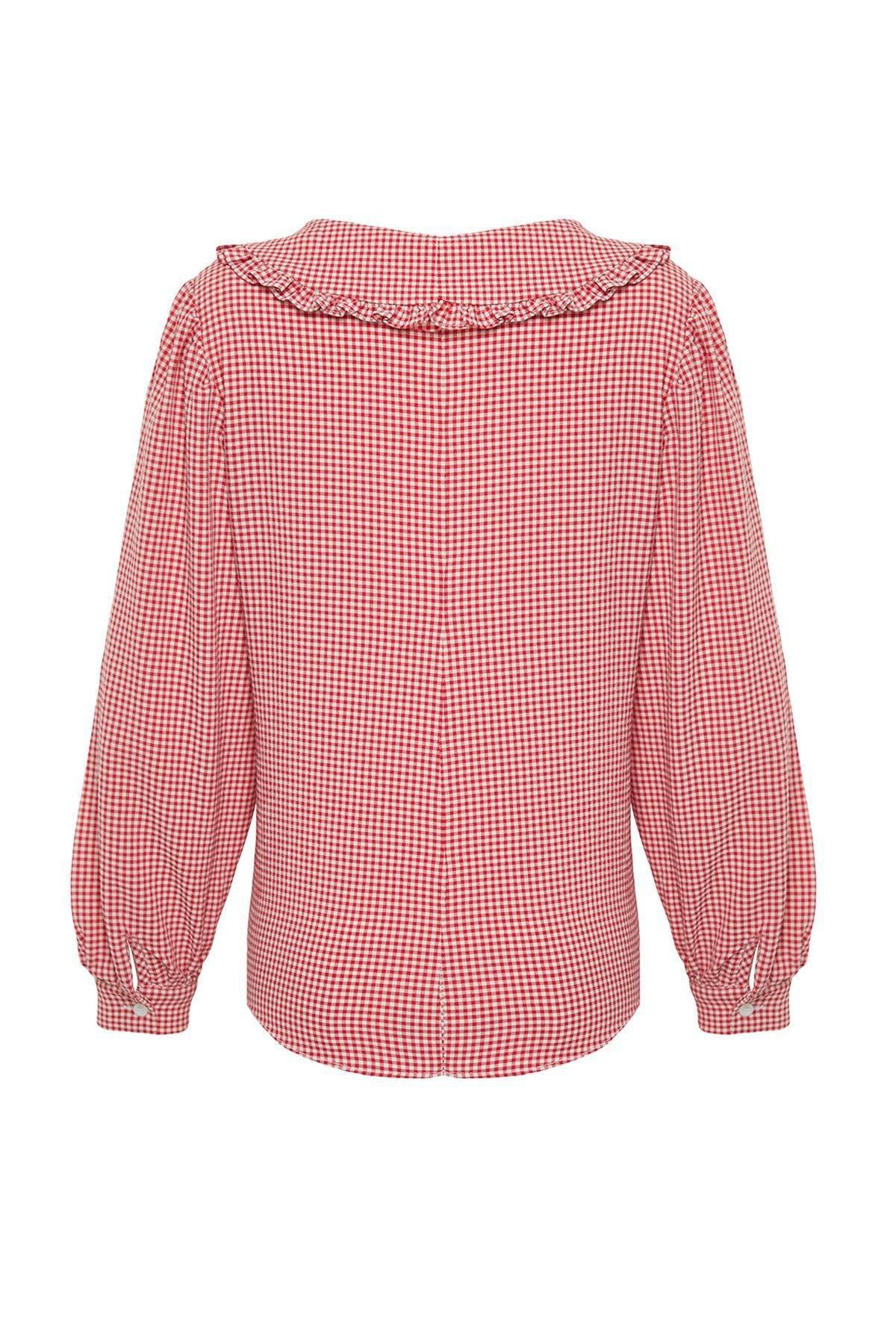 Red Collared Detailed Woven Checkered Top, , large image number 6