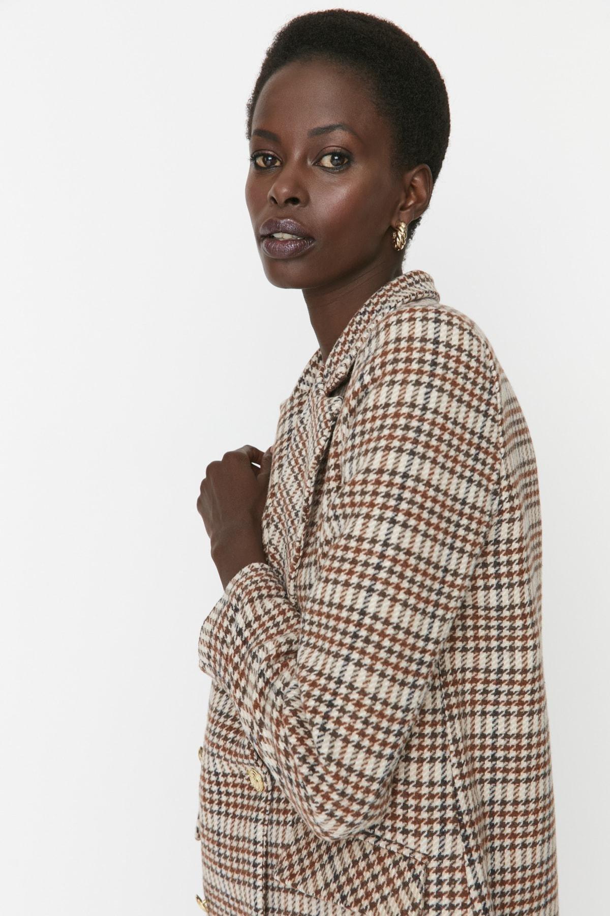 Beige Oversize Plaid Lapel Collar Blazer, , large image number 2