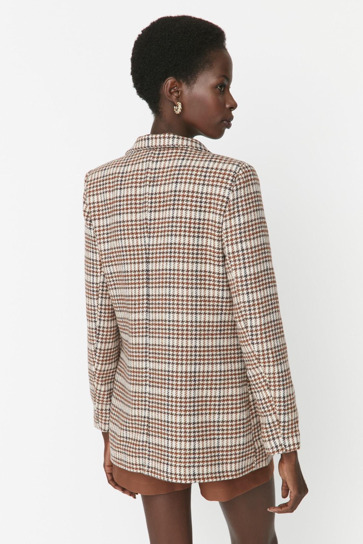Beige Oversize Plaid Lapel Collar Blazer, , large image number 4