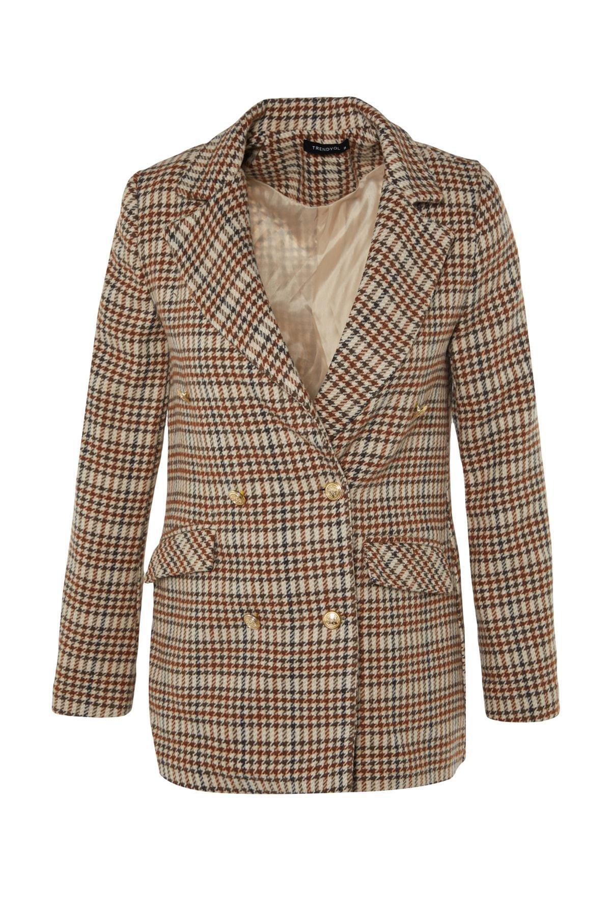 Beige Oversize Plaid Lapel Collar Blazer, , large image number 5
