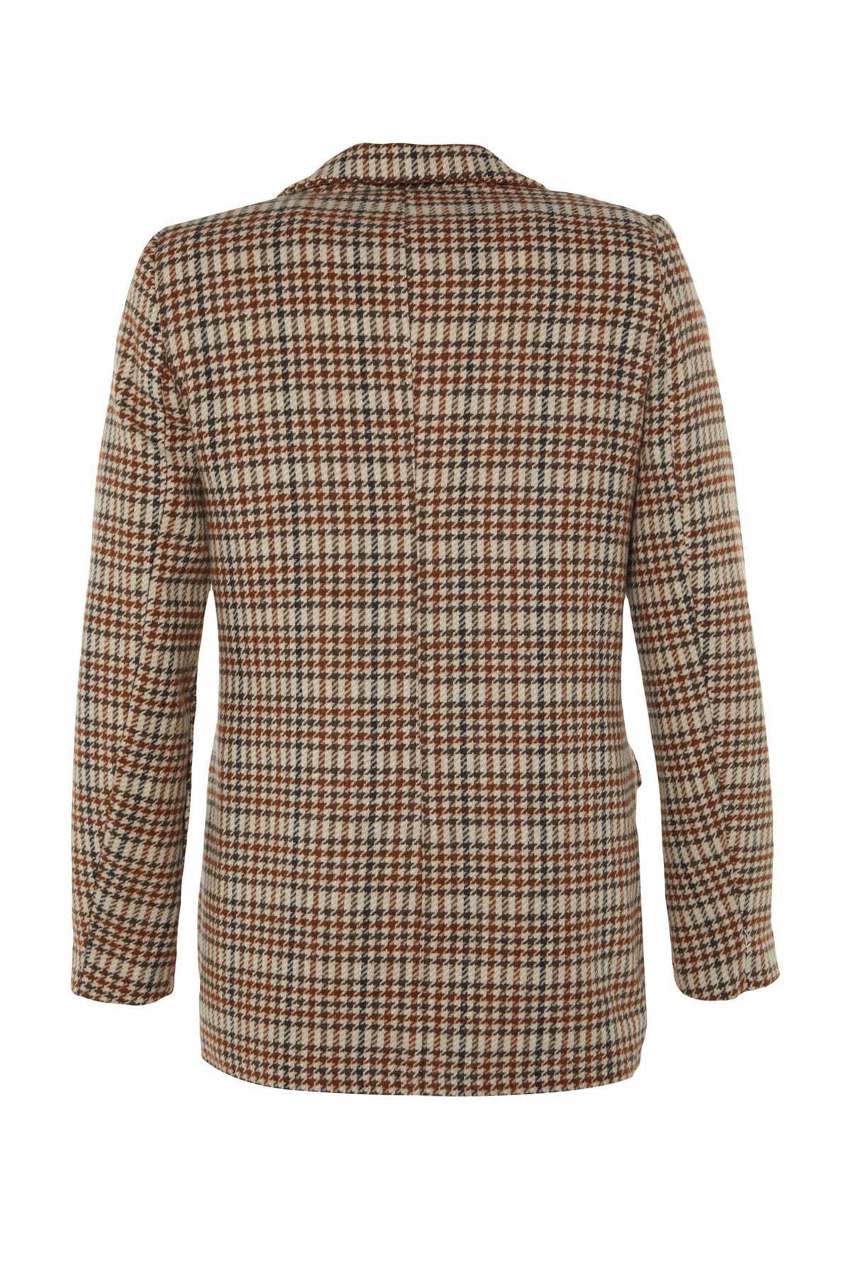 Beige Oversize Plaid Lapel Collar Blazer, , large image number 7