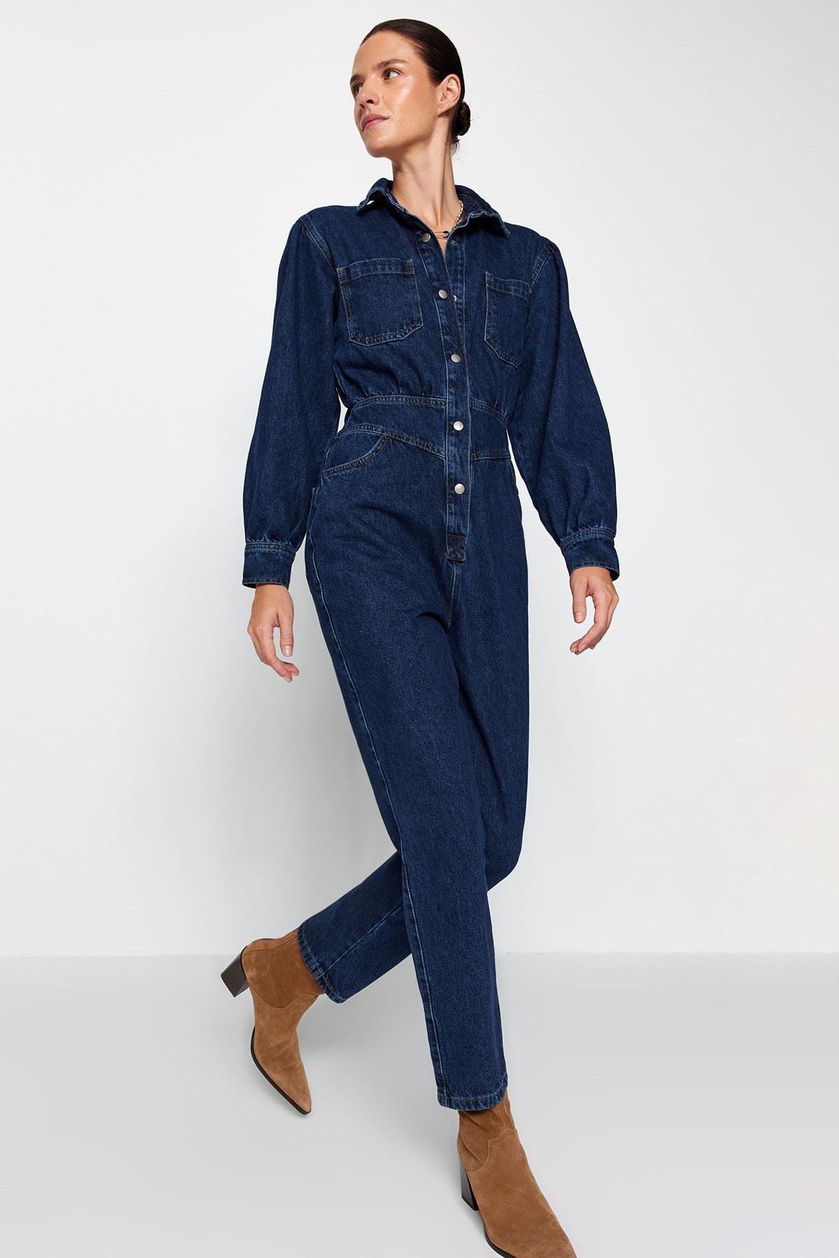 Navy Lapel Collar Jumpsuit, , large image number 1