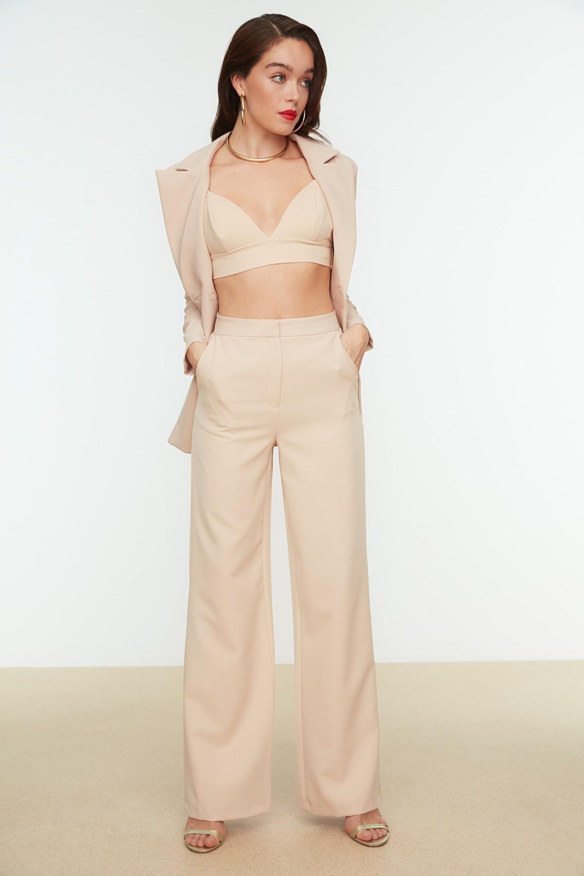 Beige Straight Pants, , large image number 0