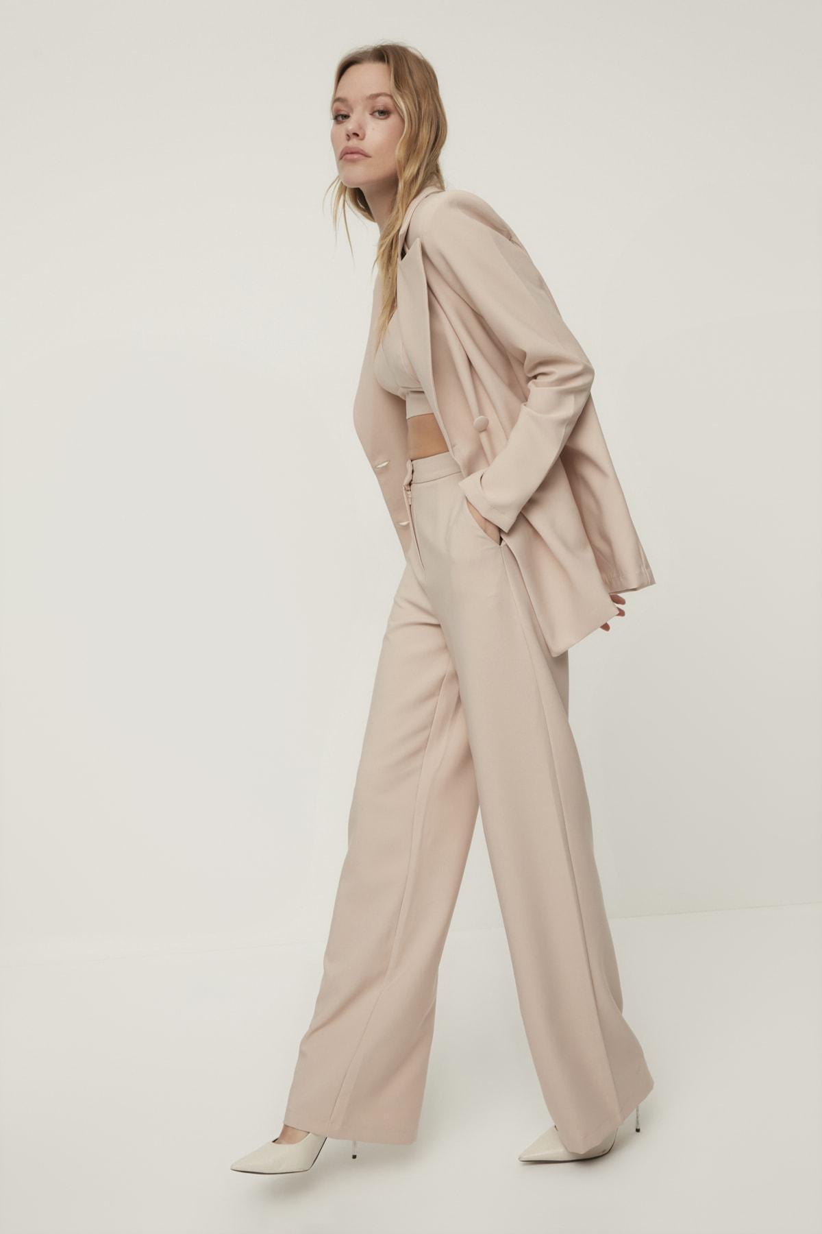 Beige Straight Pants, , large image number 6