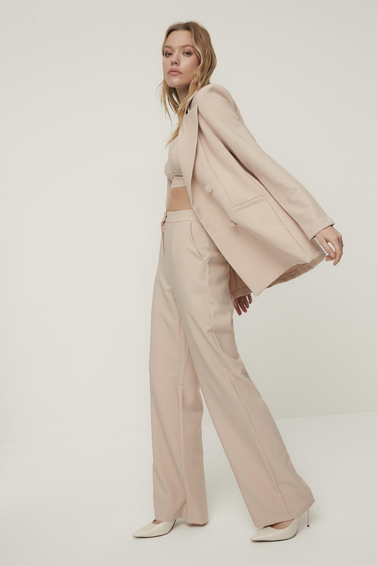 Beige Straight Pants, , large image number 7