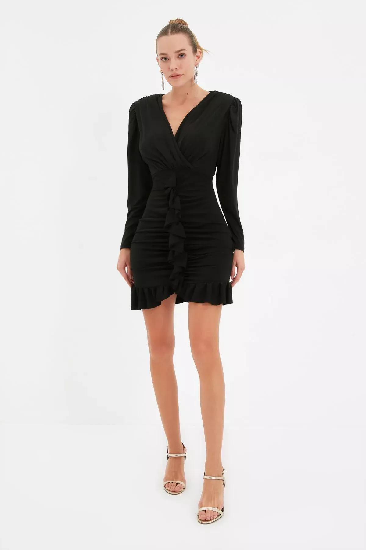 Black V Neck Bodycon Mini Dress, , large image number 1