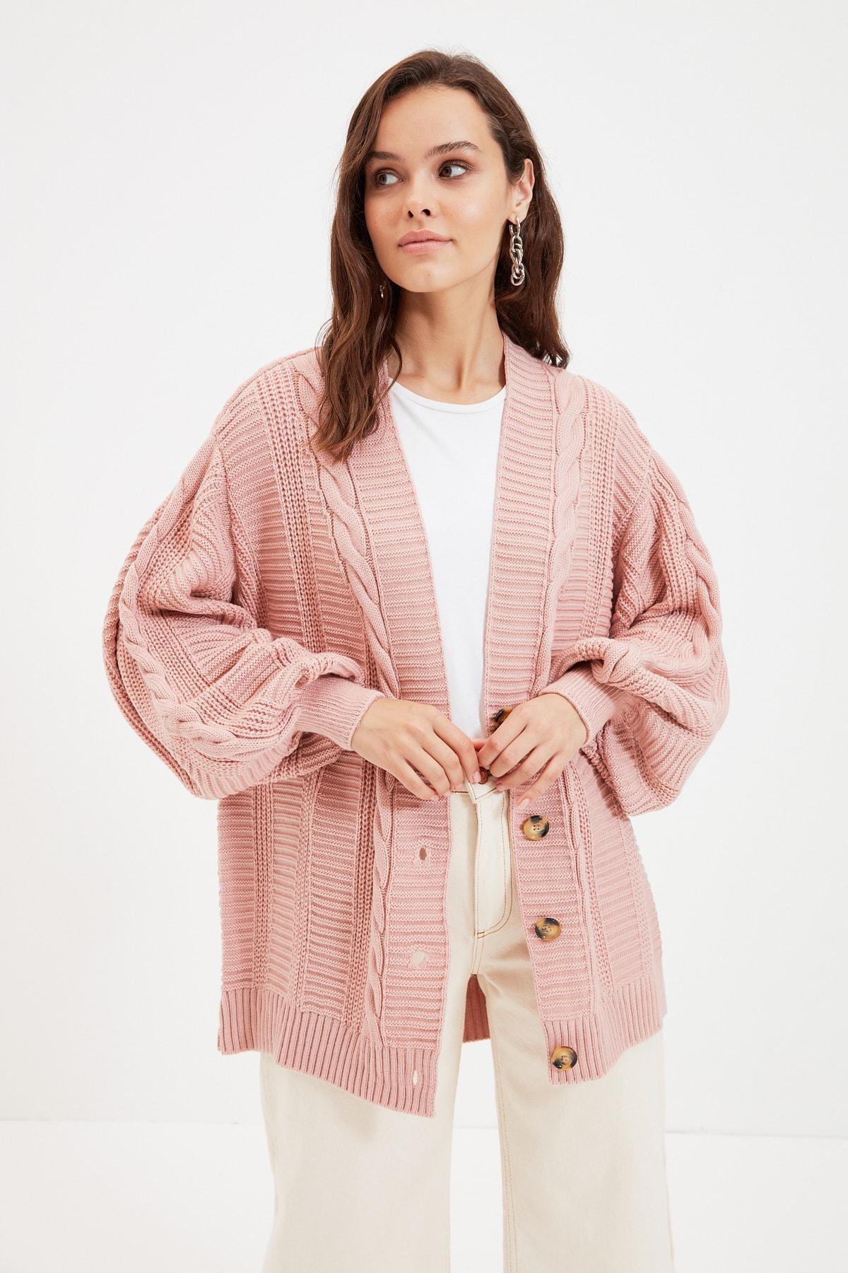 Trendyol - Pink Long V Neck Cardigan