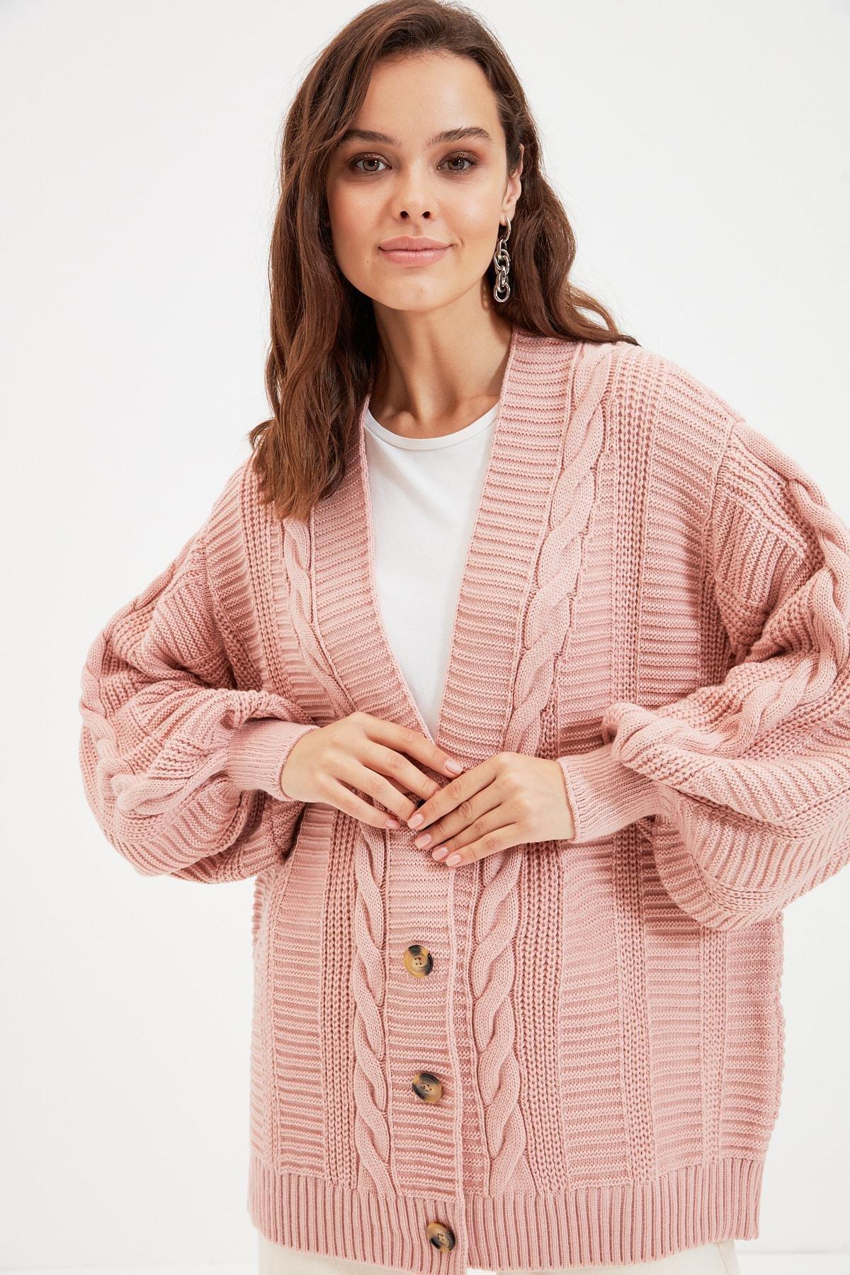 Trendyol - Pink Long V Neck Cardigan