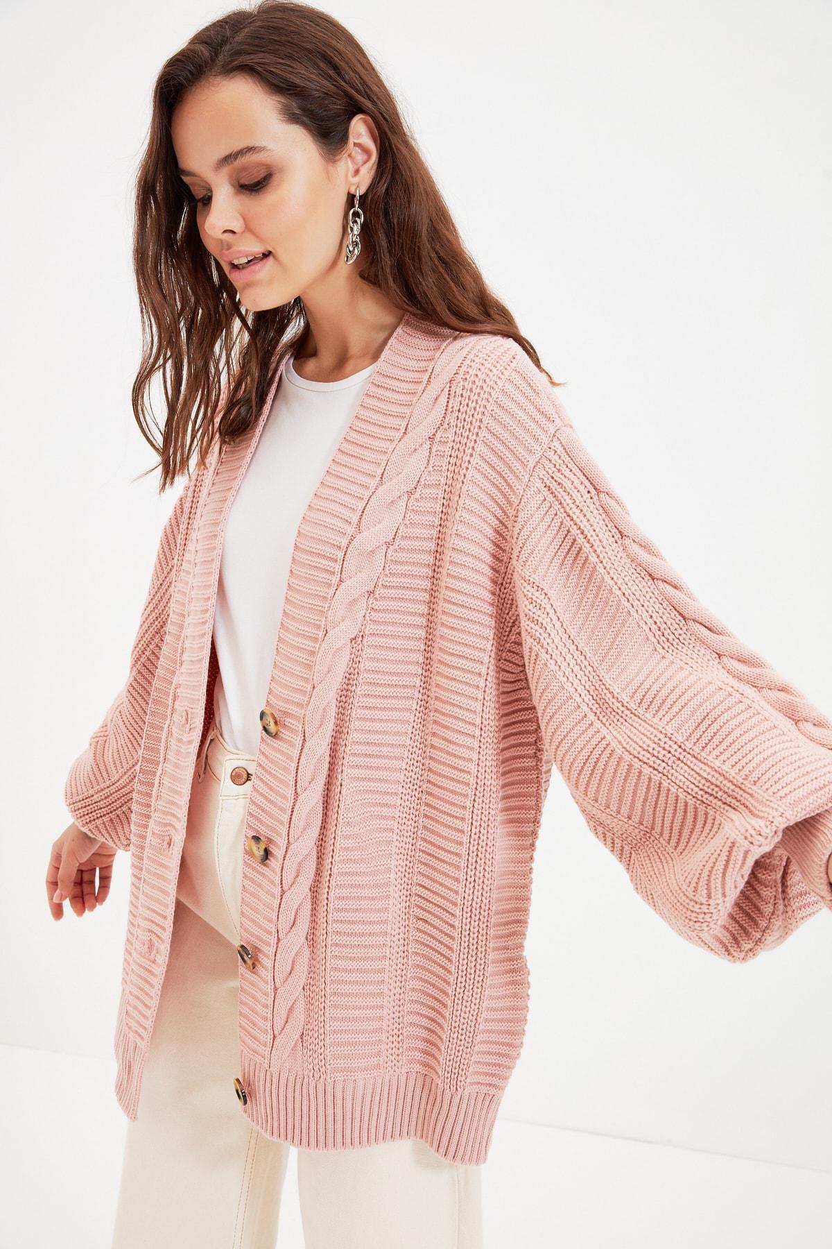 Trendyol - Pink Long V Neck Cardigan