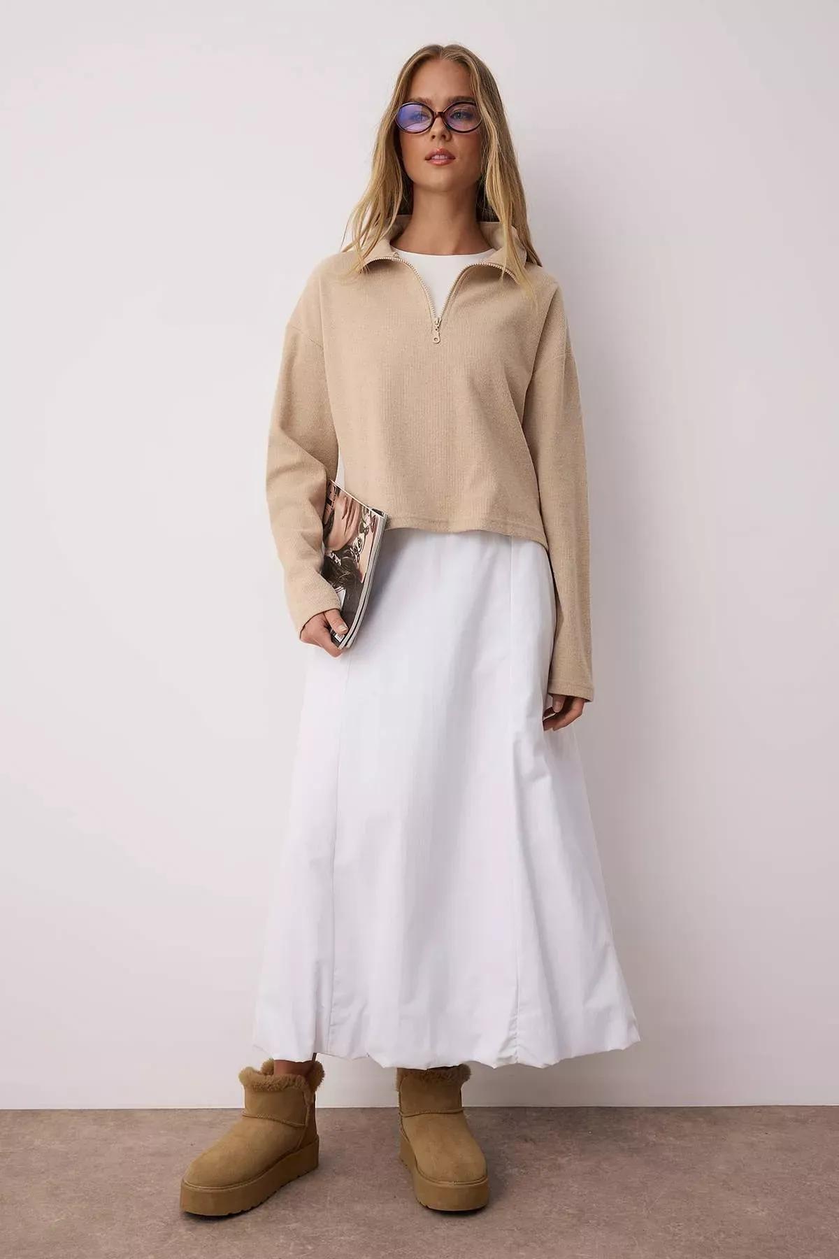 Beige Standing Collar Sweatshirt, Beige, large image number 2