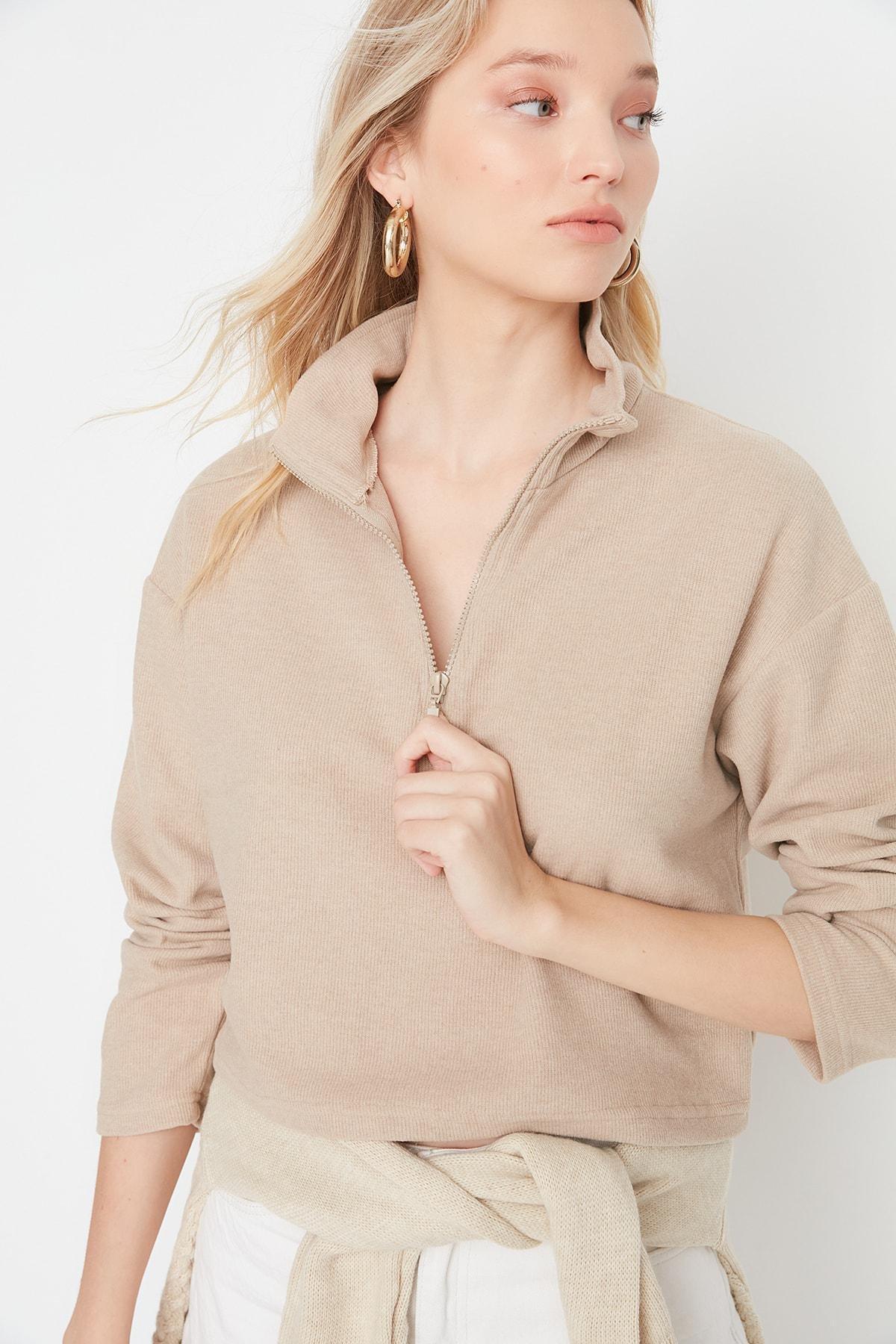 Beige Standing Collar Sweatshirt, Beige, large image number 3