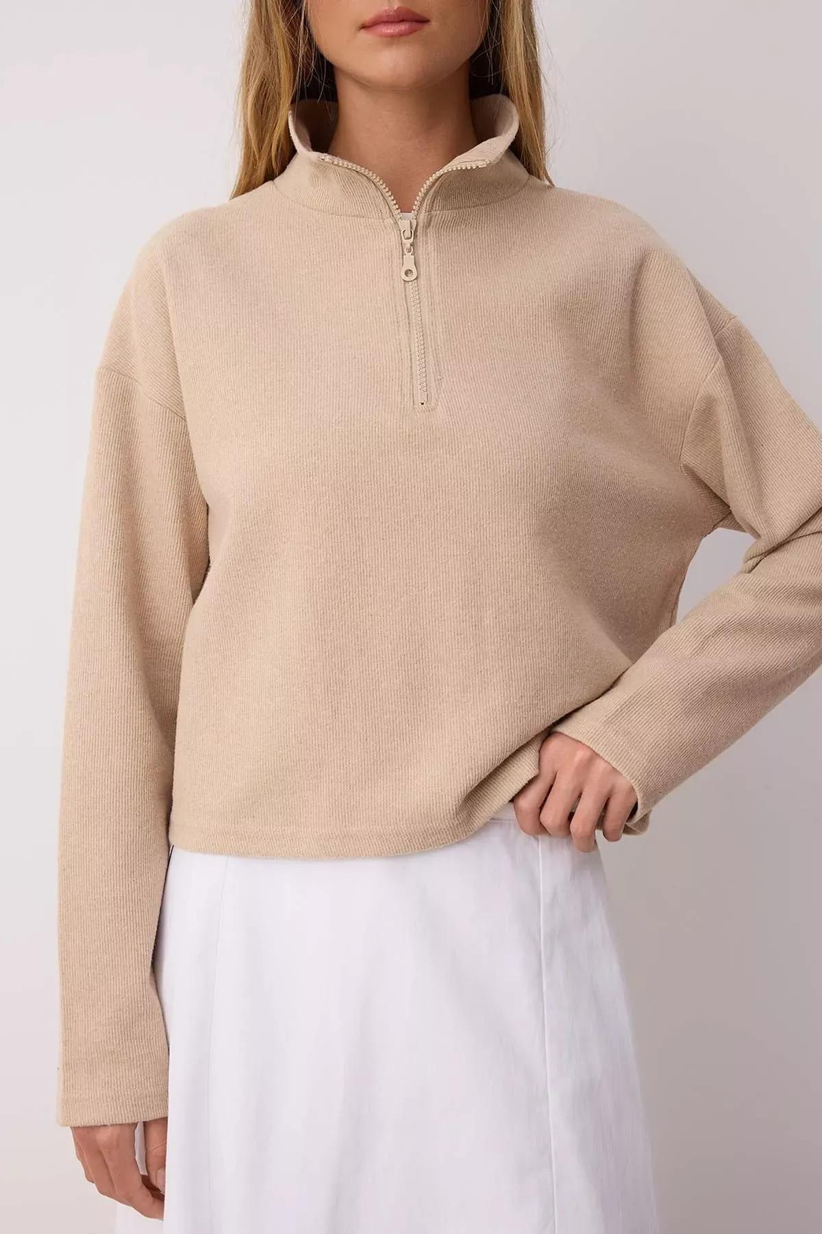 Beige Standing Collar Sweatshirt, Beige, large image number 4