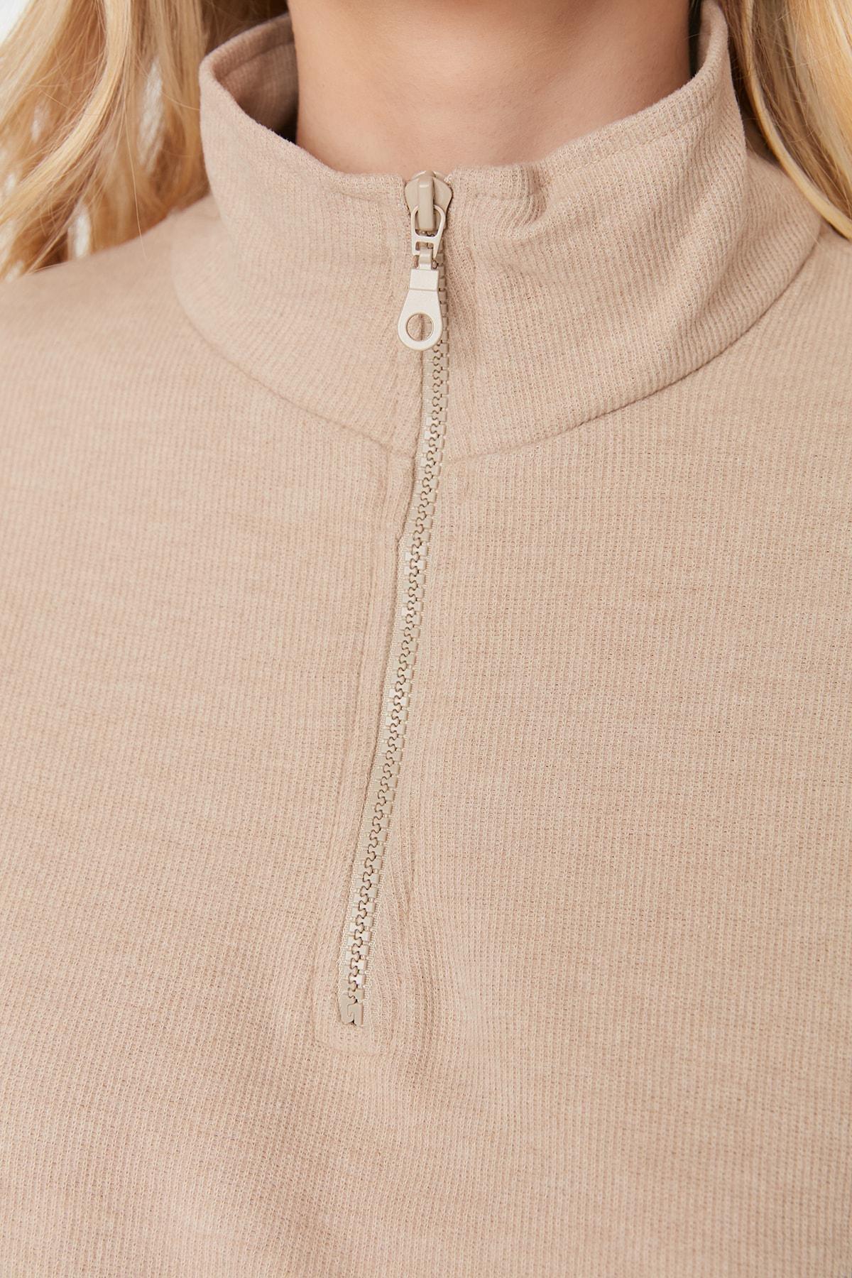 Beige Standing Collar Sweatshirt, Beige, large image number 5