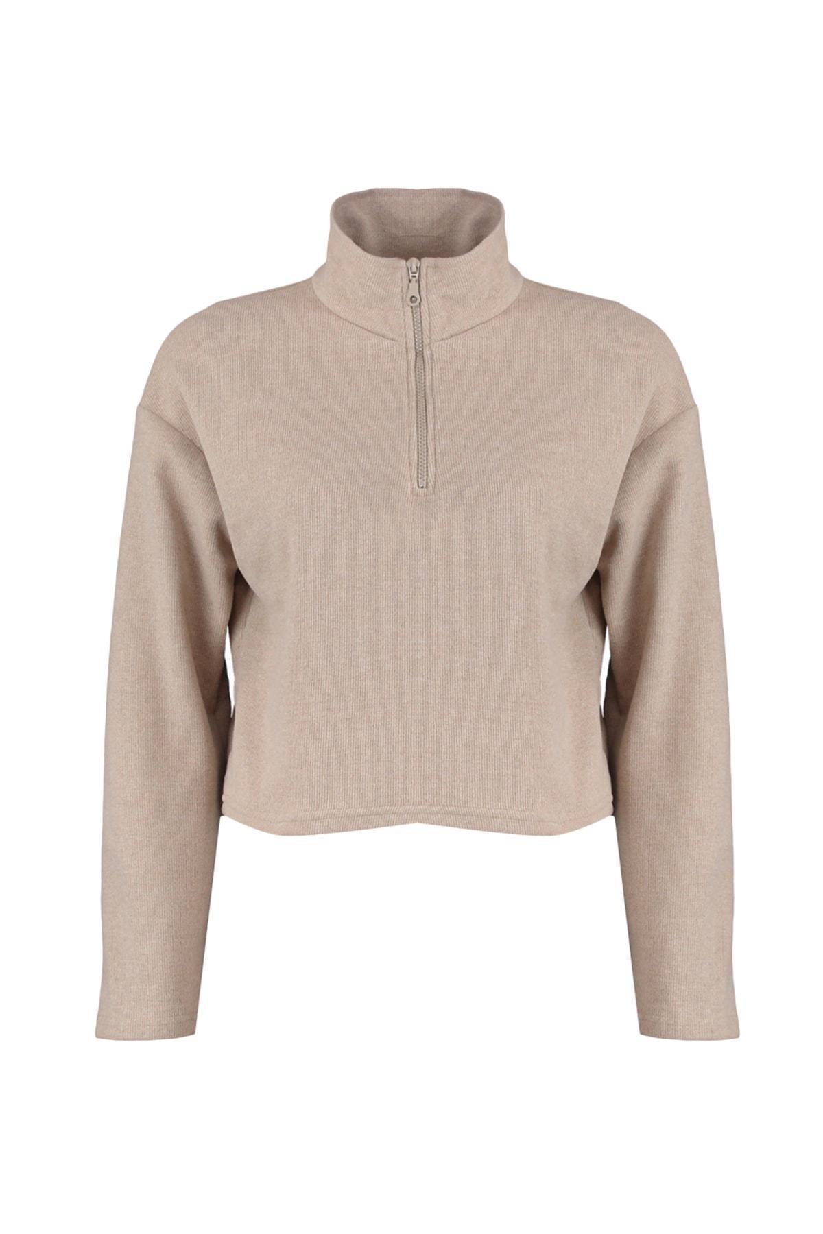 Beige Standing Collar Sweatshirt, Beige, large image number 8