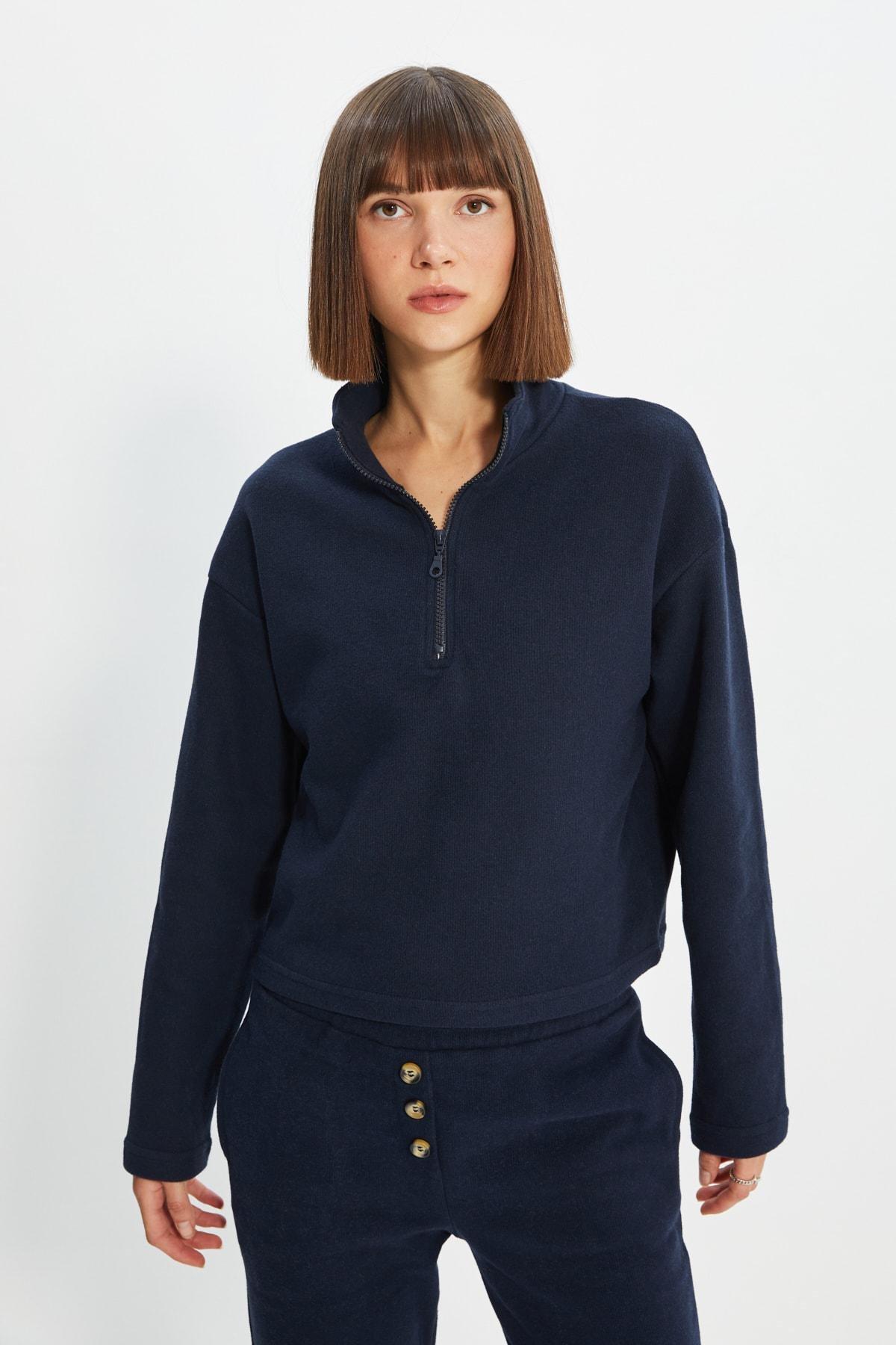 Navy Off-Shoulder Sweatshirt, Dark blue, medium