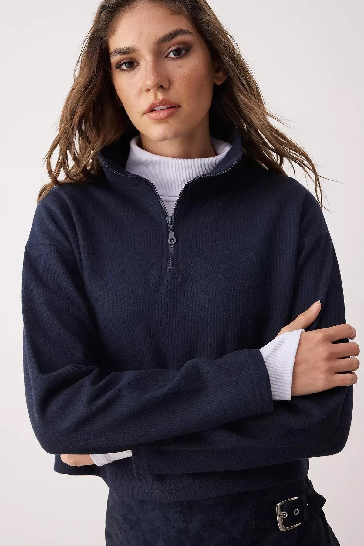 Navy Off-Shoulder Sweatshirt, Dark blue, medium